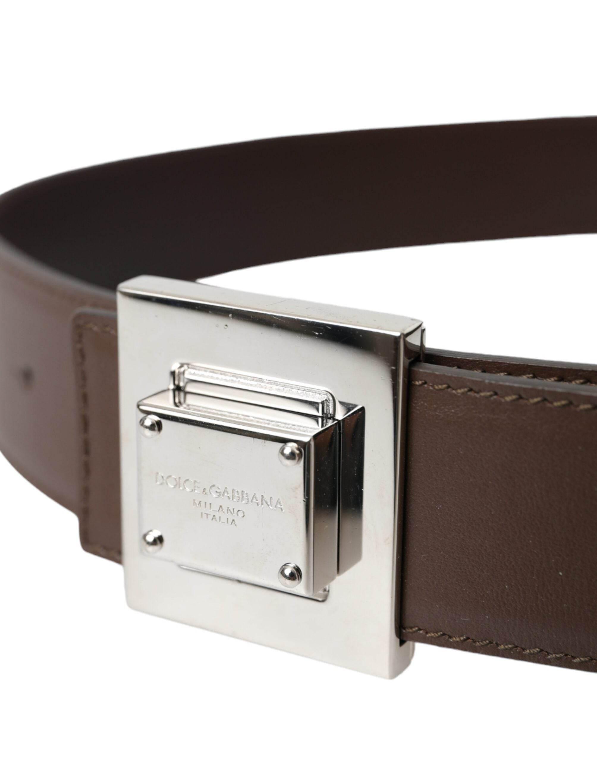 Dolce & Gabbana Brown Calf Leather Square Metal Buckle Belt - Hilstor