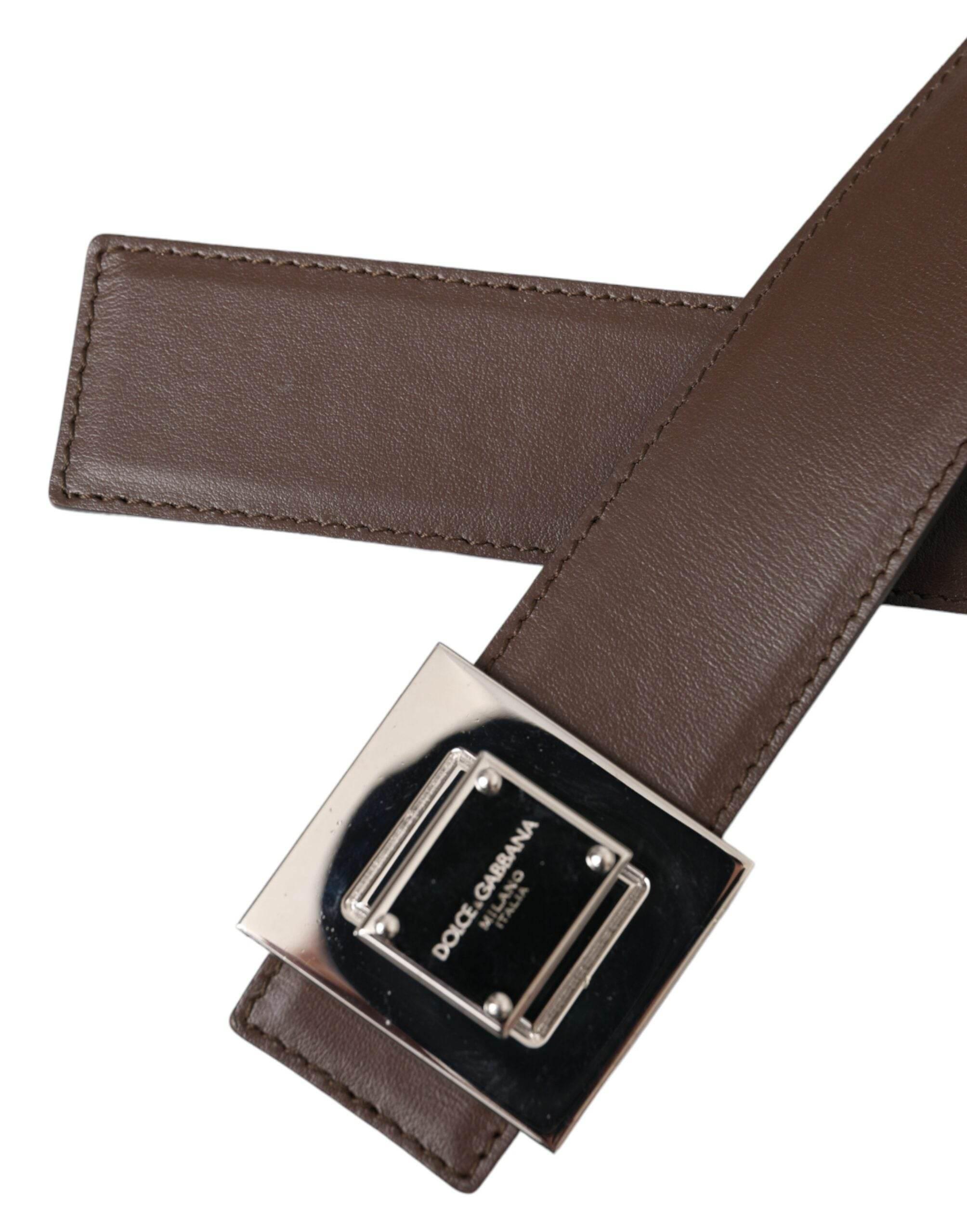 Dolce & Gabbana Brown Calf Leather Square Metal Buckle Belt - Hilstor
