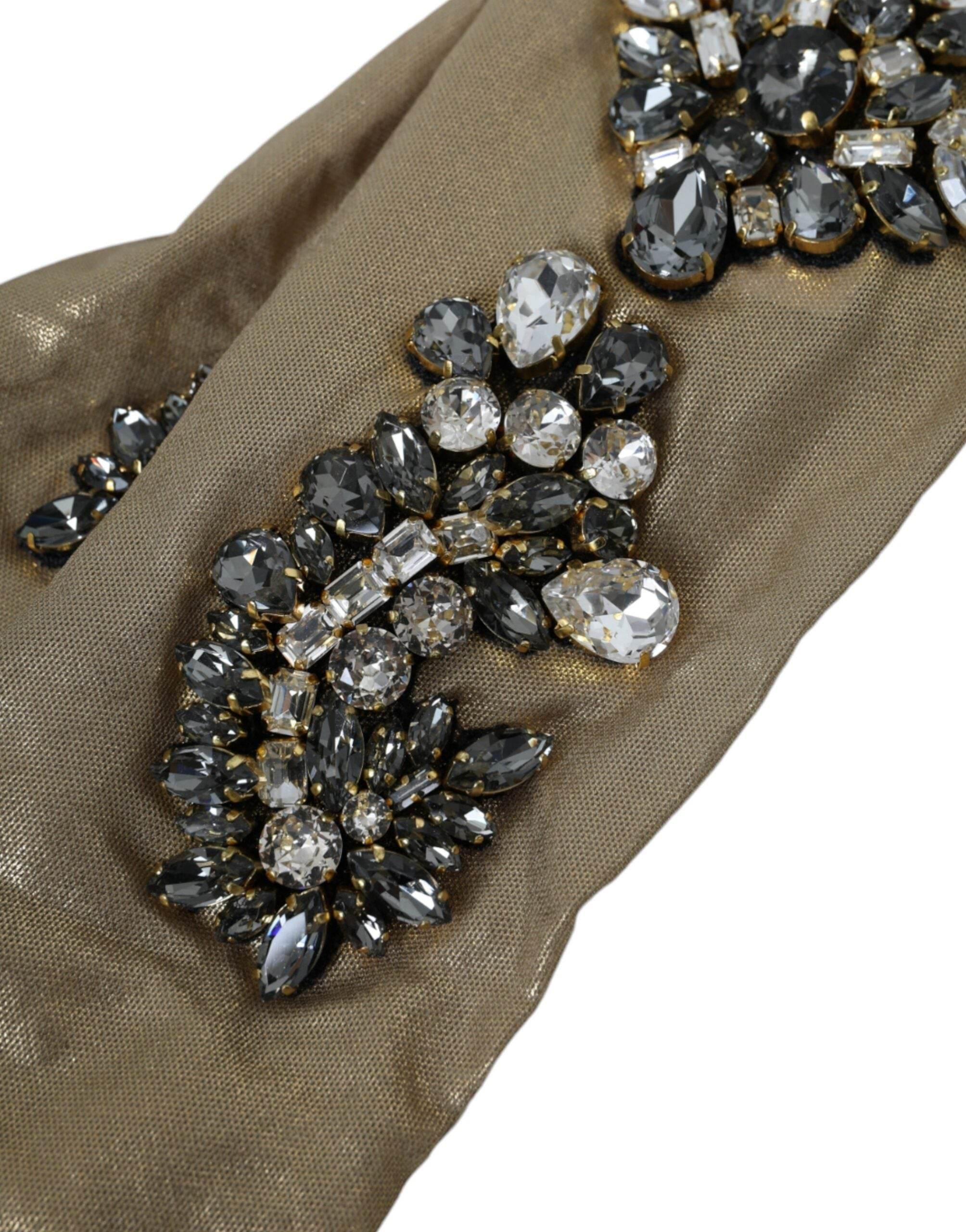 Dolce & Gabbana Beige Satin Crystal Elbow Length Gloves - Hilstor