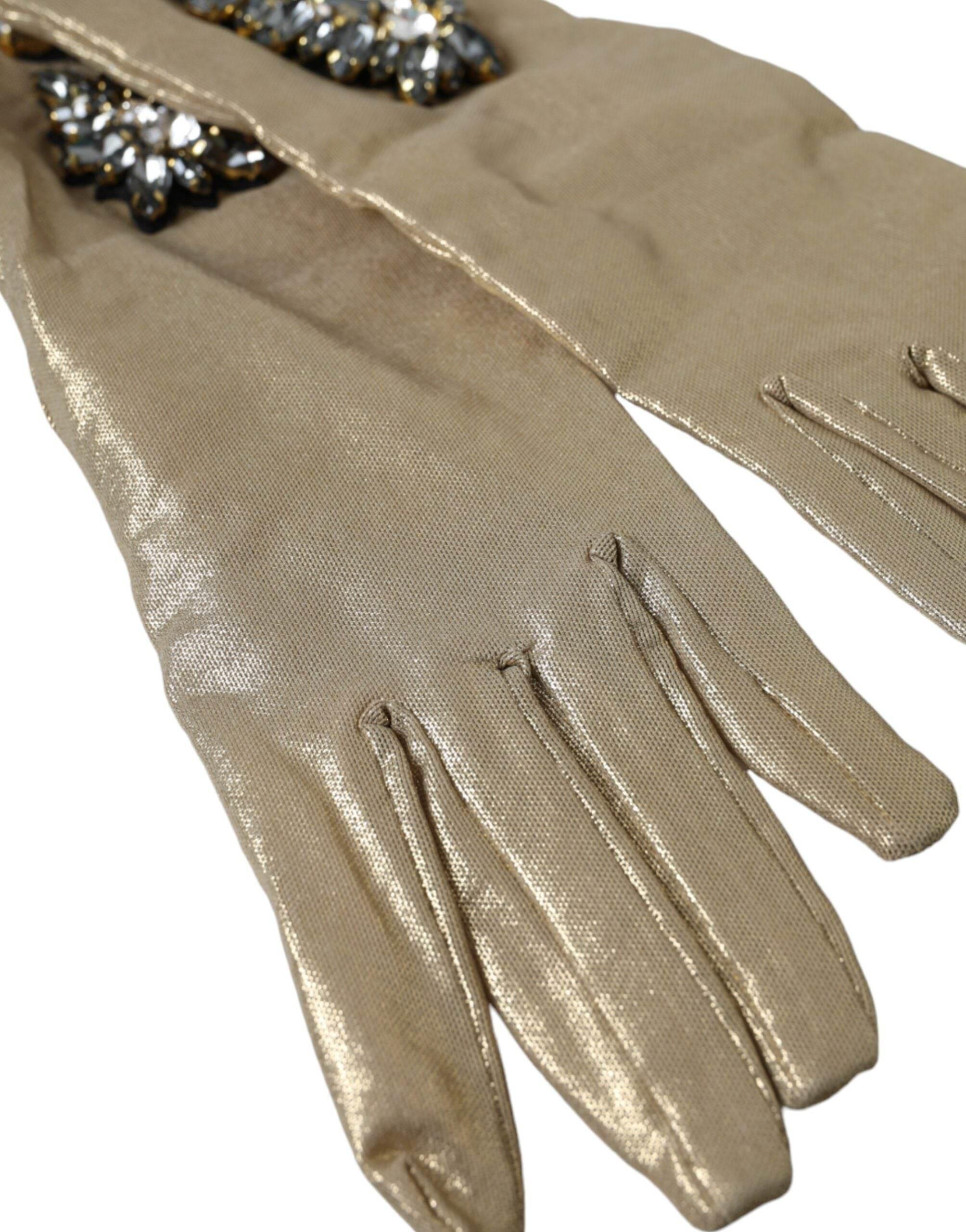 Dolce & Gabbana Beige Satin Crystal Elbow Length Gloves - Hilstor