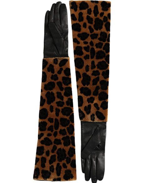 Dolce & Gabbana Brown Black Leopard Leather Elbow Length Gloves - Hilstor