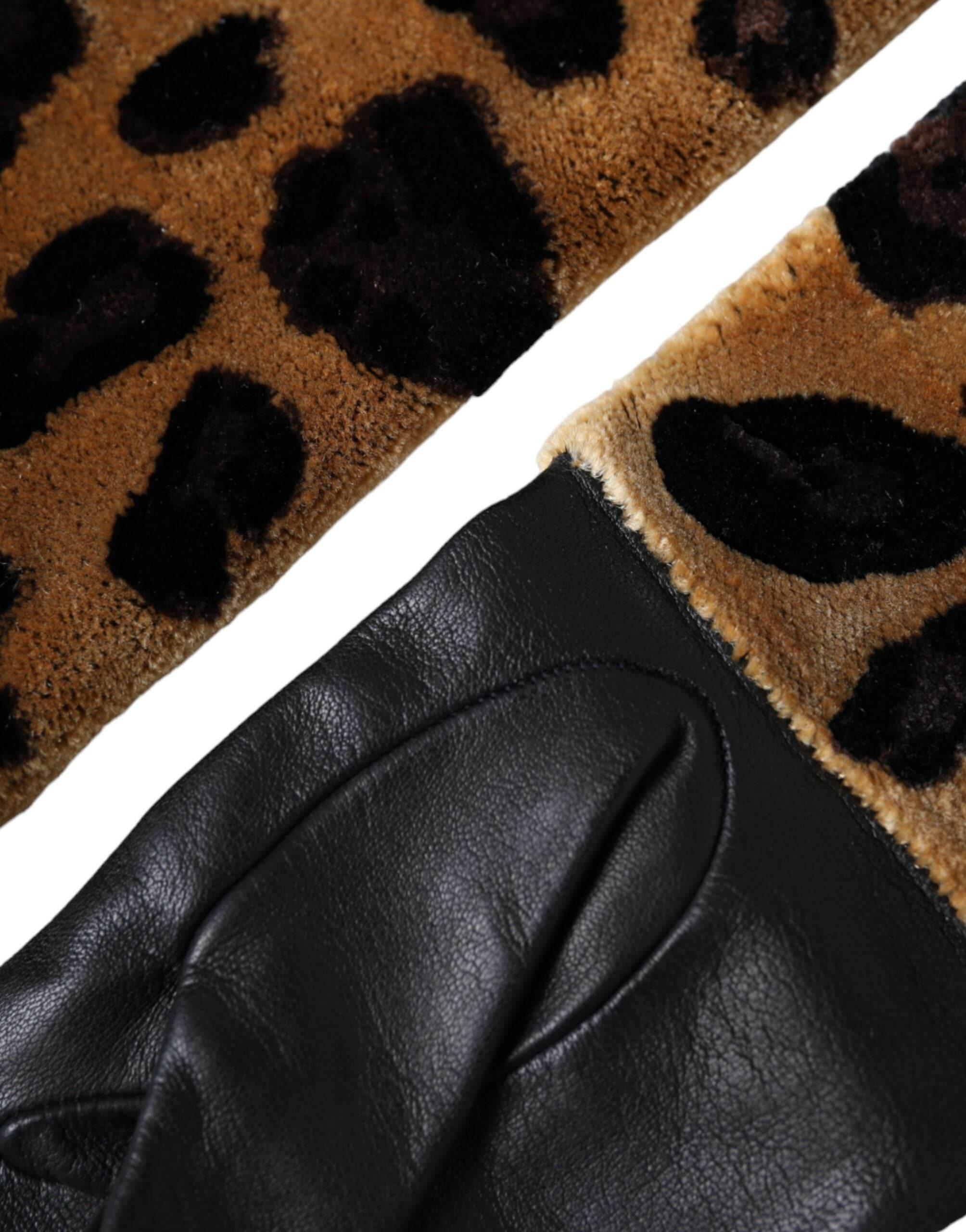 Dolce & Gabbana Brown Black Leopard Leather Elbow Length Gloves - Hilstor