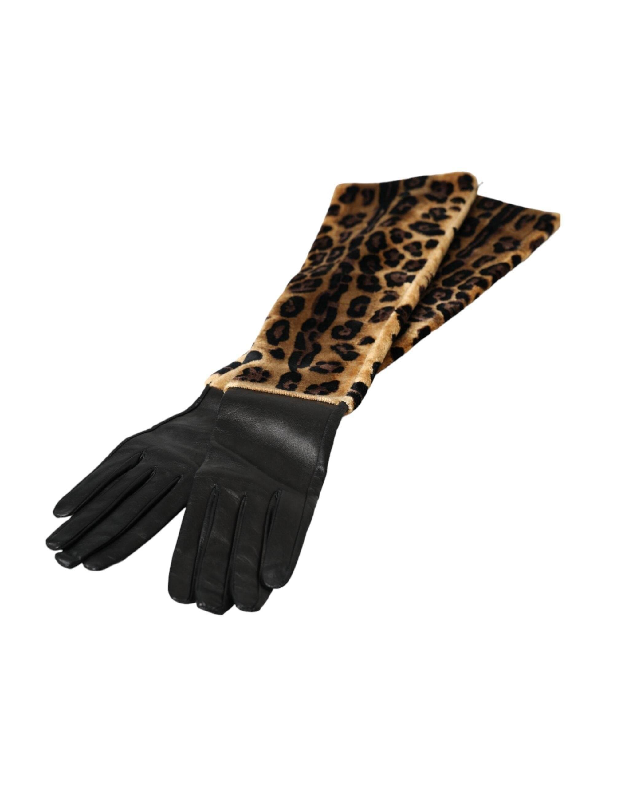 Dolce & Gabbana Brown Black Leopard Leather Elbow Length Gloves - Hilstor