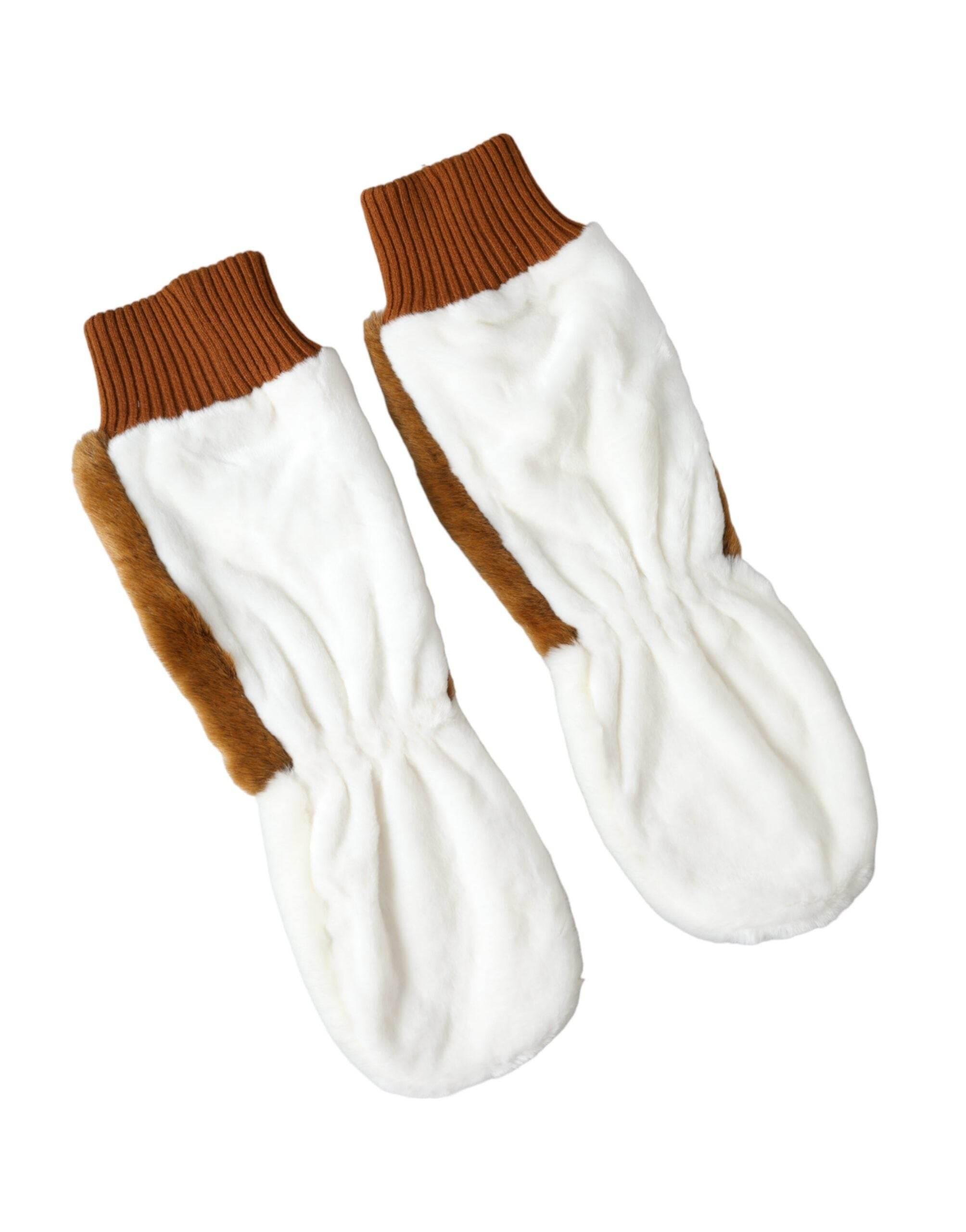 Dolce & Gabbana Brown White Acrylic Knitted Fur Mitten Gloves - Hilstor
