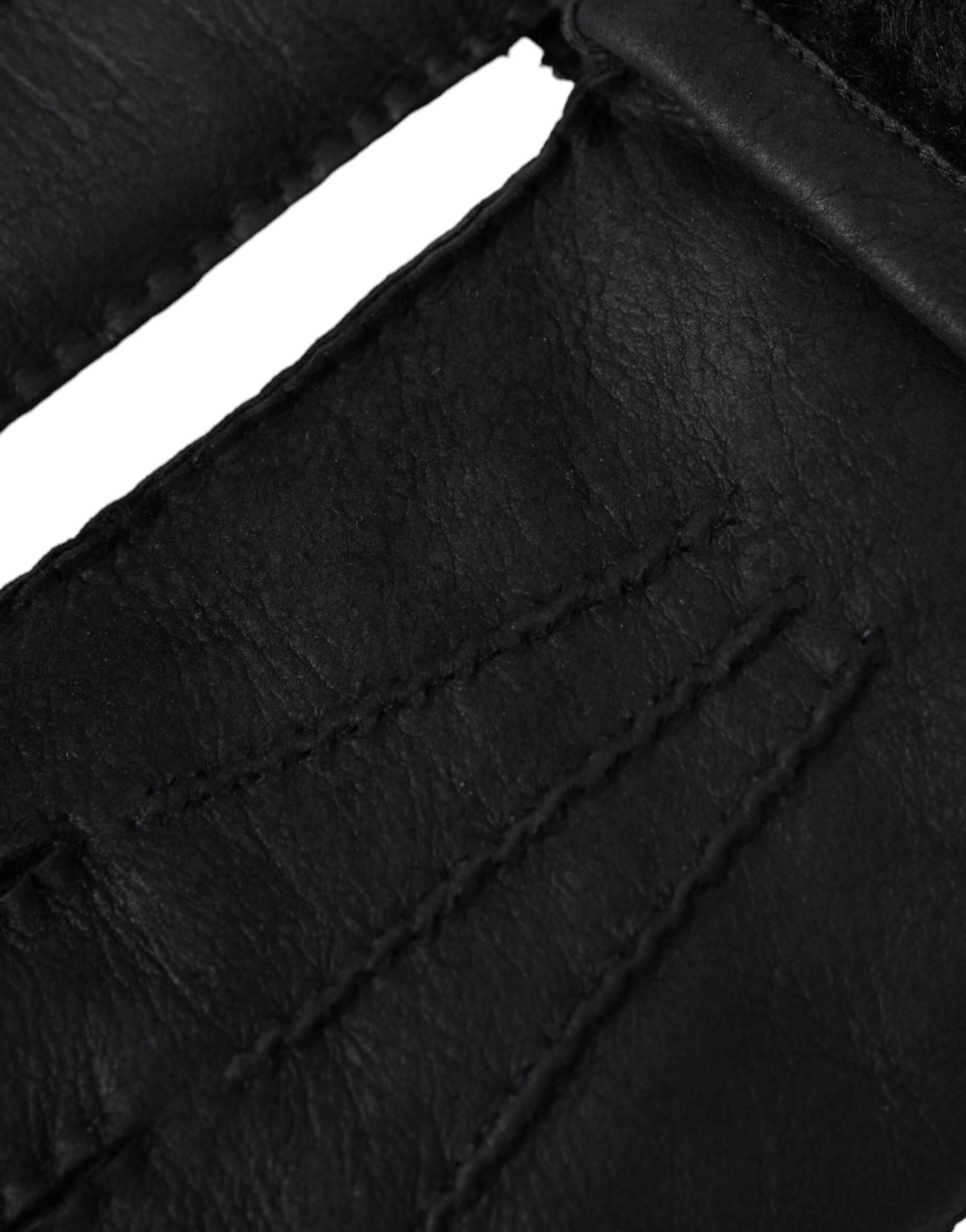 Dolce & Gabbana Black Leather Fur Short Hands Gloves - Hilstor