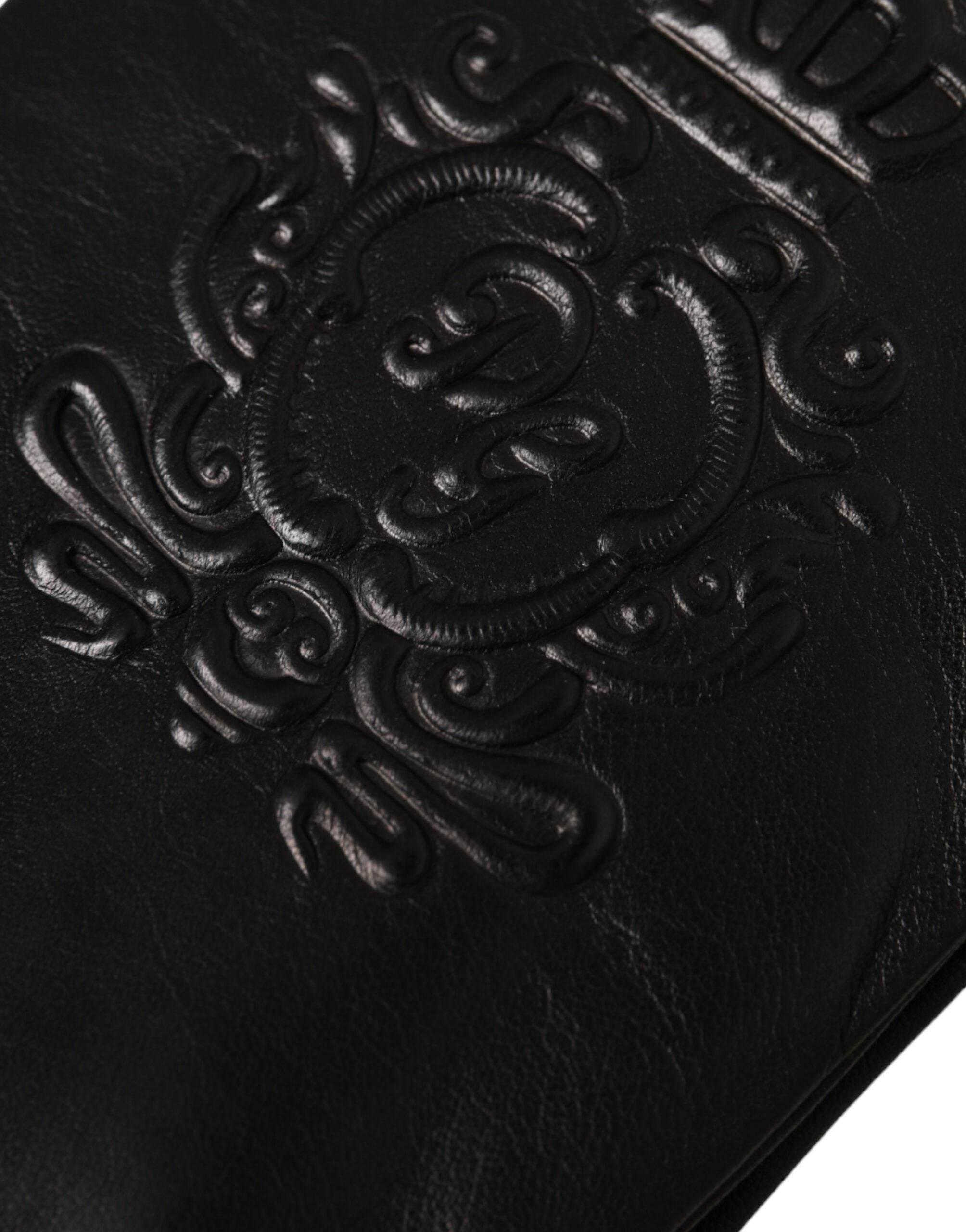 Dolce & Gabbana Black Leather Embossed Logo Short Hands Gloves - Hilstor