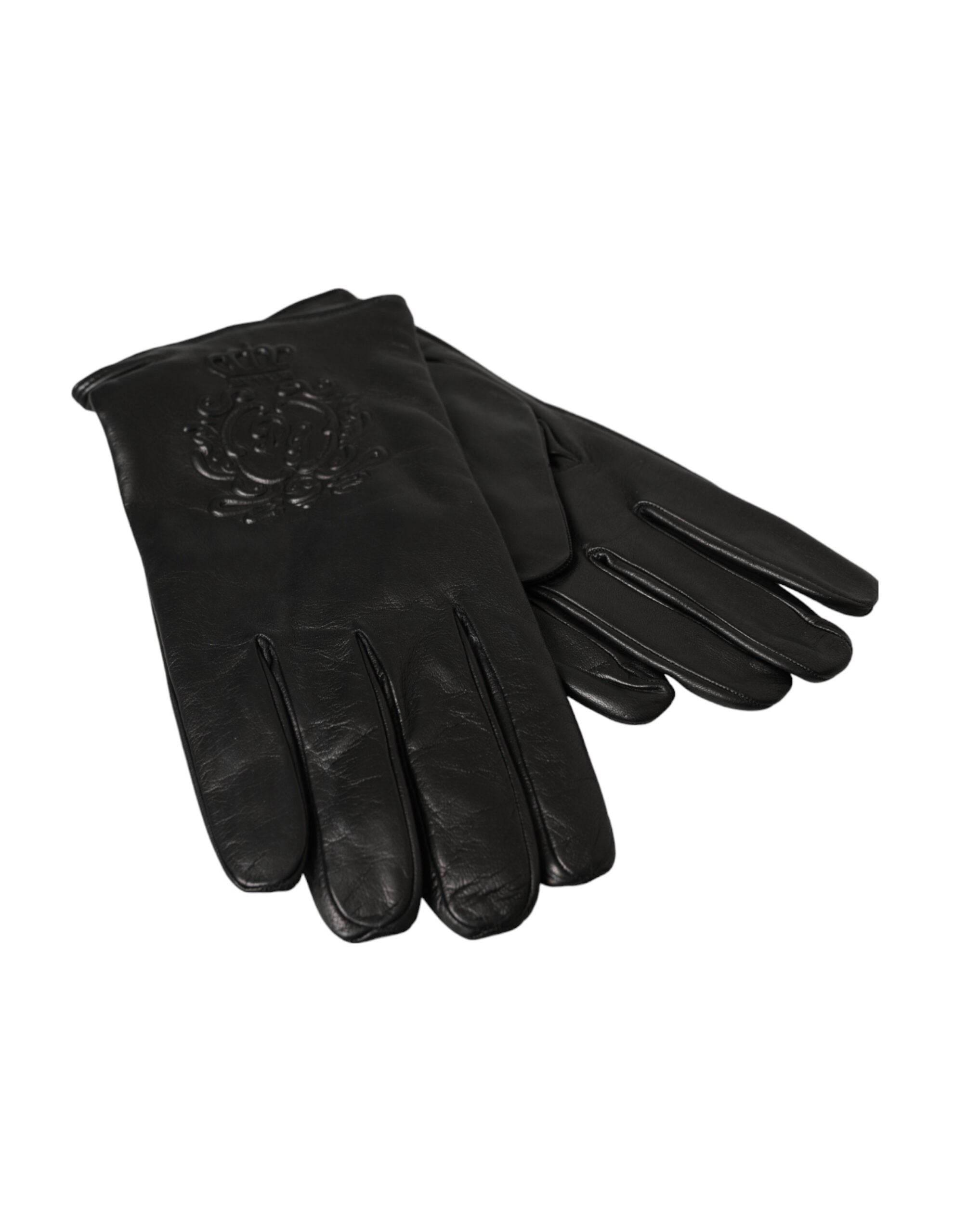 Dolce & Gabbana Black Leather Embossed Logo Short Hands Gloves - Hilstor