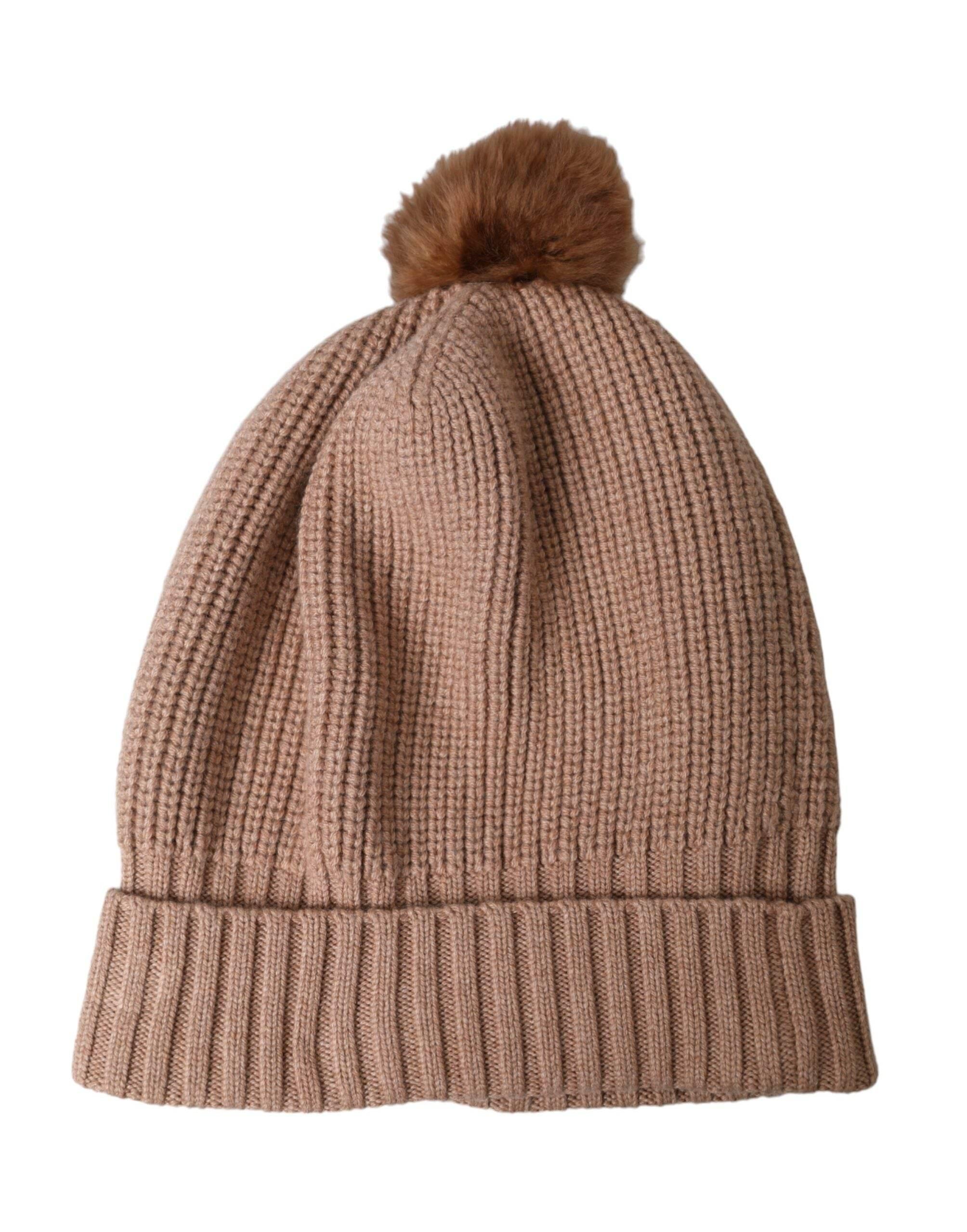 Dolce & Gabbana Brown Solid Knitted Fur Ball Winter Beanie Hat - Hilstor