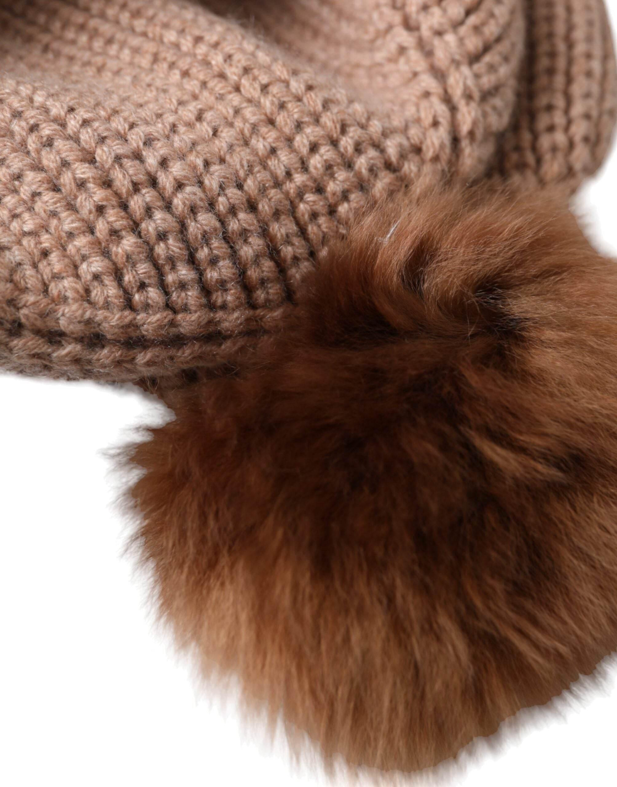 Dolce & Gabbana Brown Solid Knitted Fur Ball Winter Beanie Hat - Hilstor