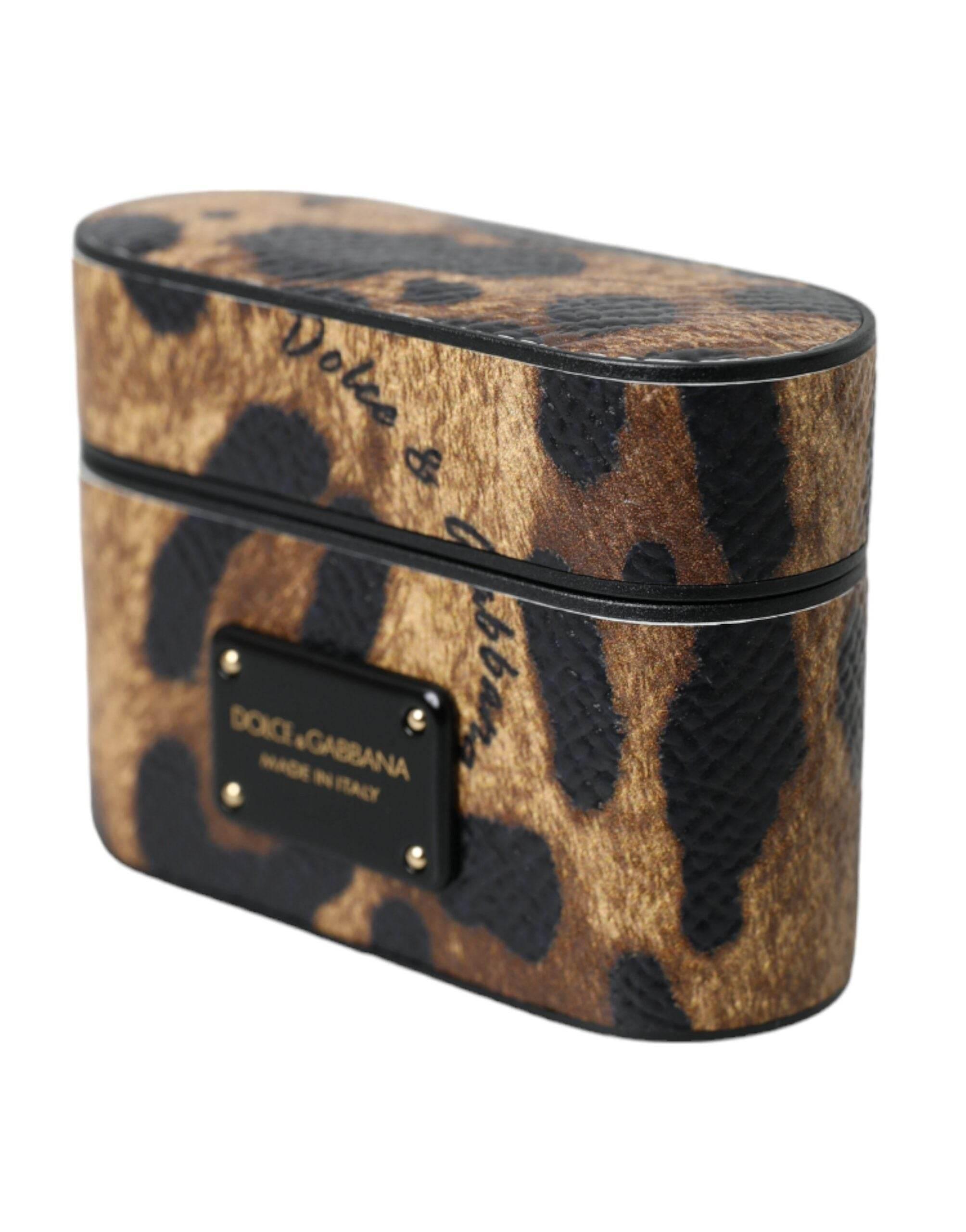 Dolce & Gabbana Brown Leopard Calf Leather Metal Logo Plaque Airpods Case - Hilstor