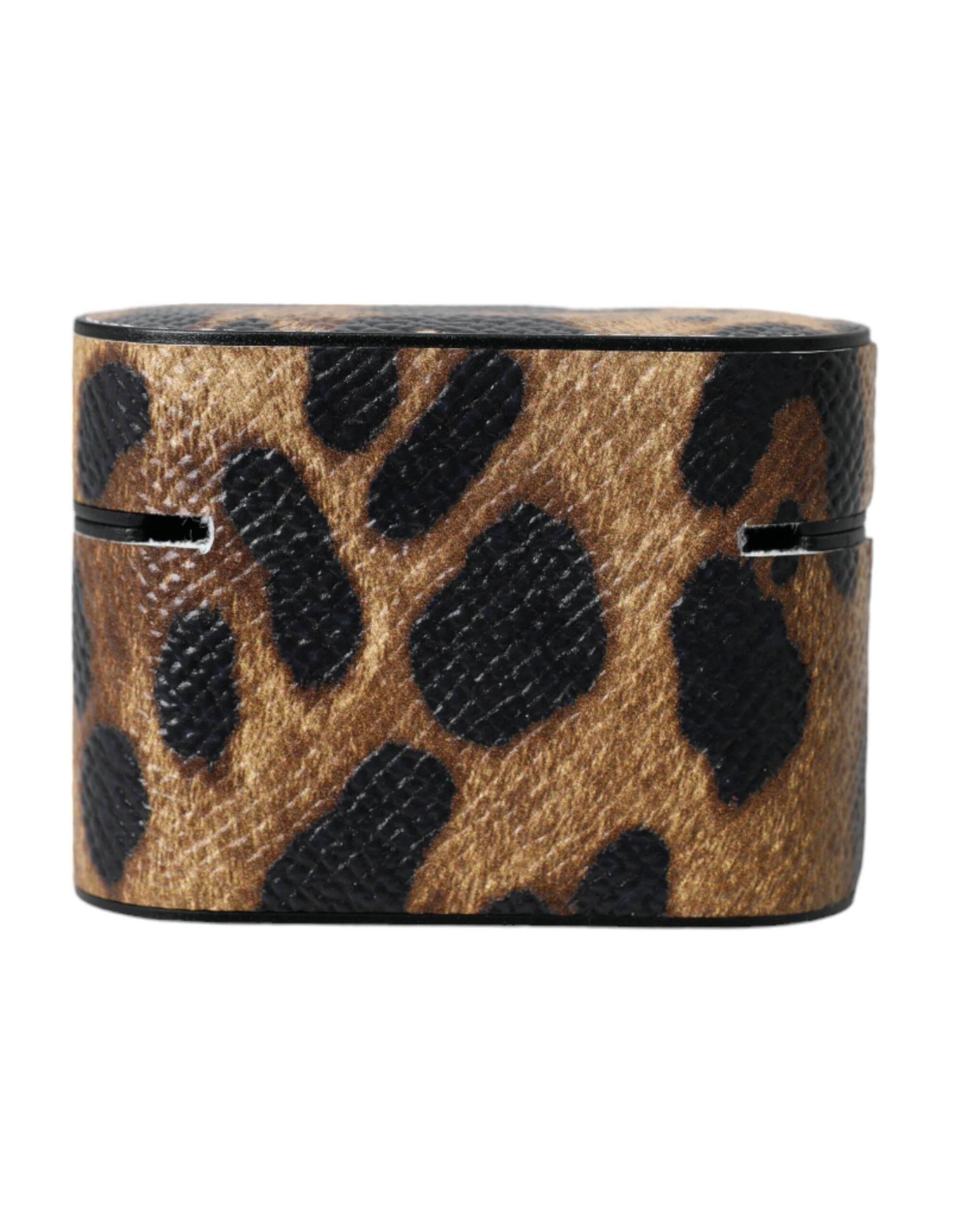 Dolce & Gabbana Brown Leopard Calf Leather Metal Logo Plaque Airpods Case - Hilstor