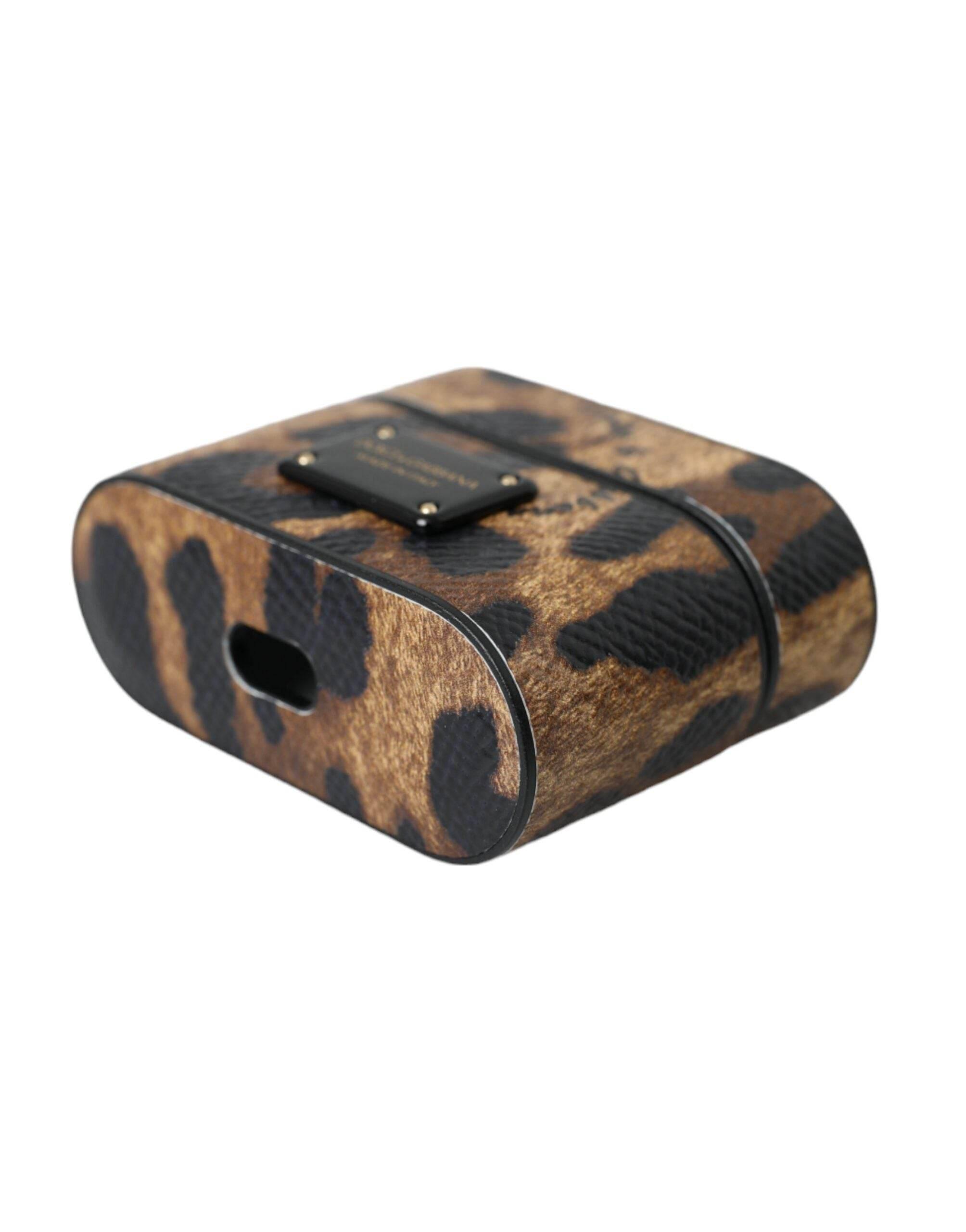 Dolce & Gabbana Brown Leopard Calf Leather Metal Logo Plaque Airpods Case - Hilstor