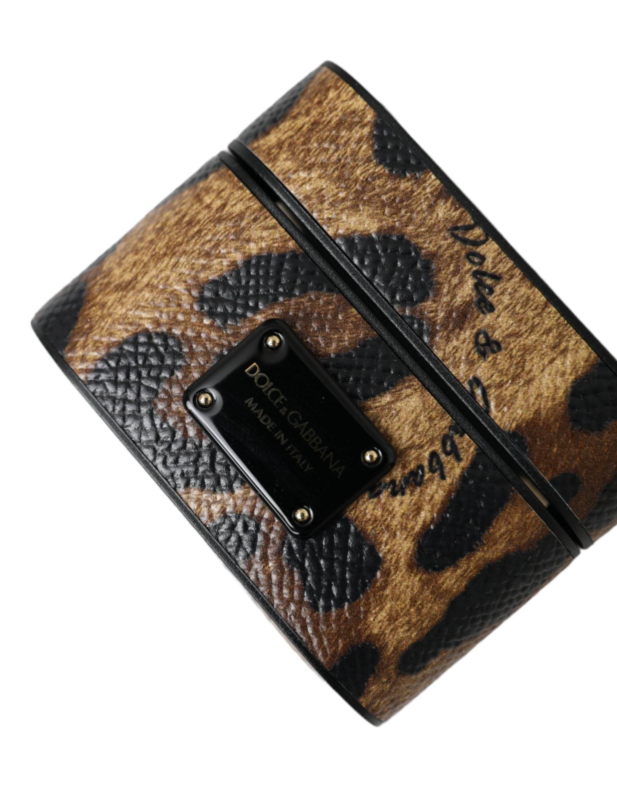 Dolce & Gabbana Brown Leopard Calf Leather Metal Logo Plaque Airpods Case - Hilstor