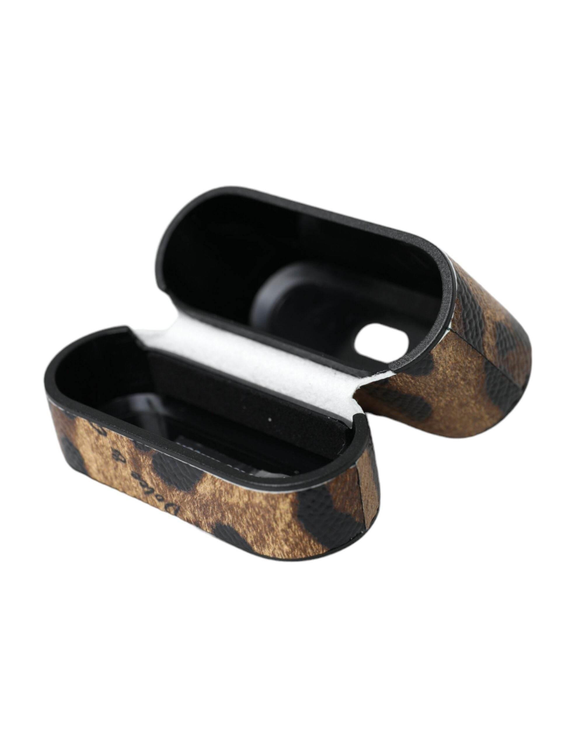 Dolce & Gabbana Brown Leopard Calf Leather Metal Logo Plaque Airpods Case - Hilstor