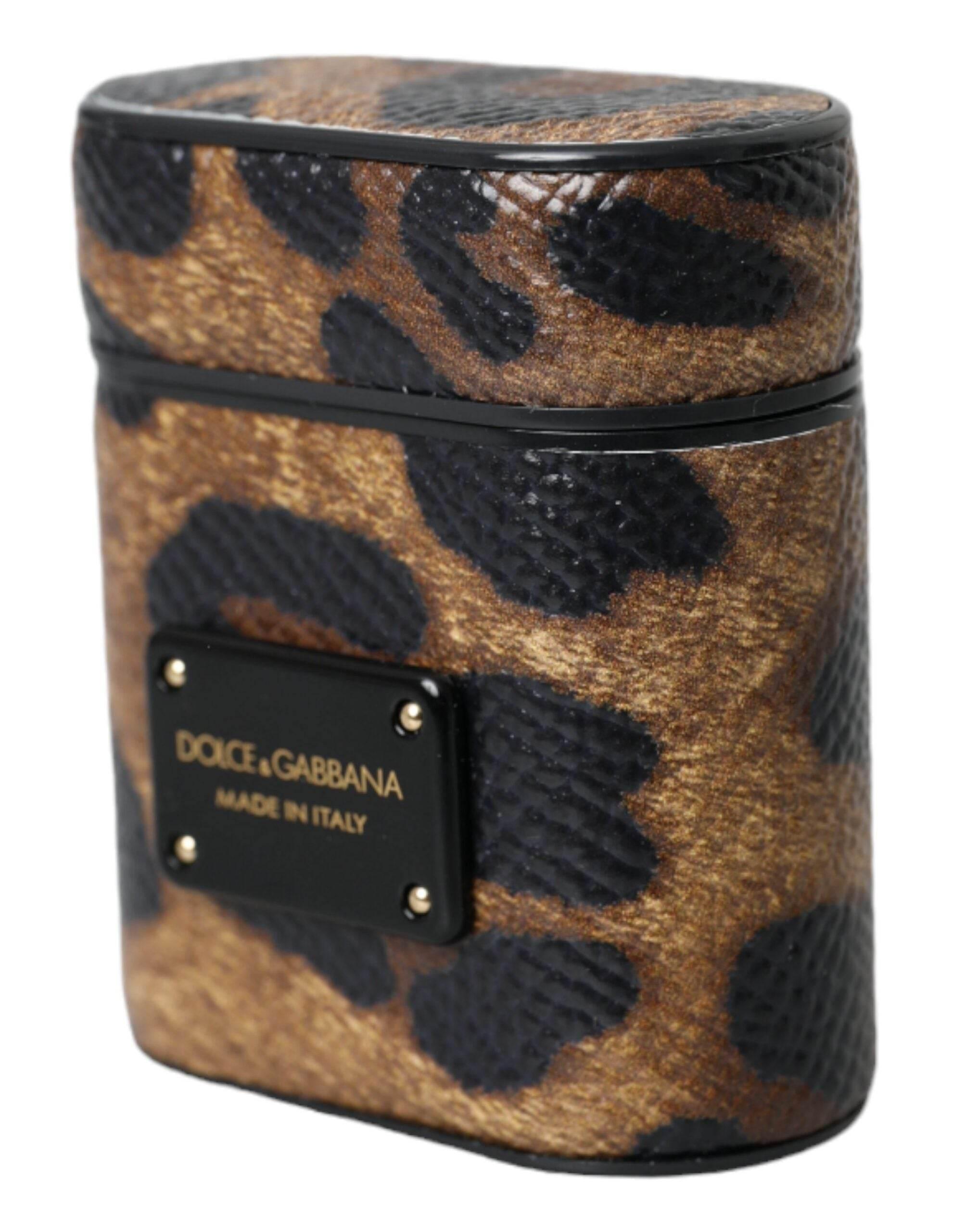 Dolce & Gabbana Brown Leopard Calf Leather Metal Logo Plaque Airpods Case - Hilstor