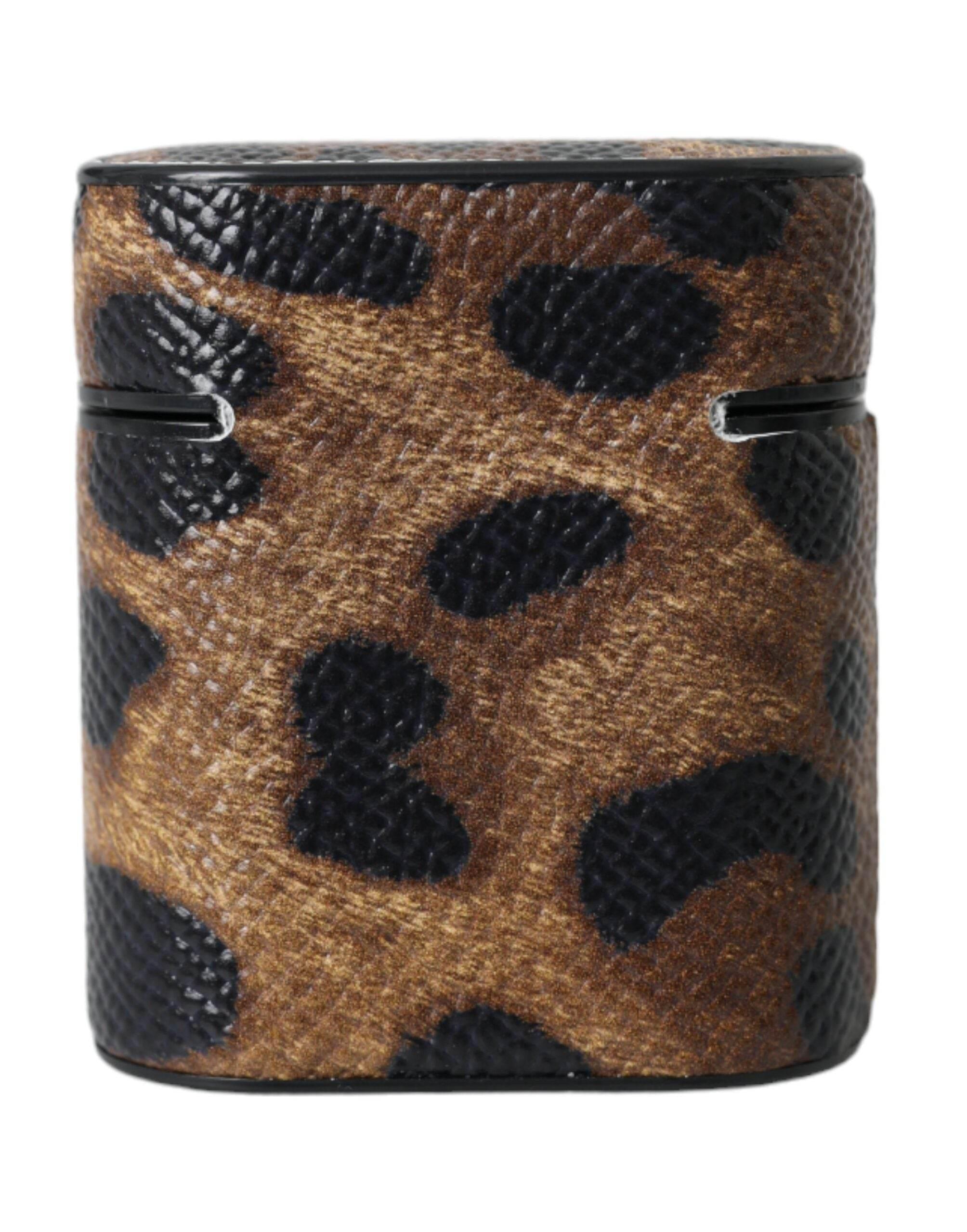 Dolce & Gabbana Brown Leopard Calf Leather Metal Logo Plaque Airpods Case - Hilstor