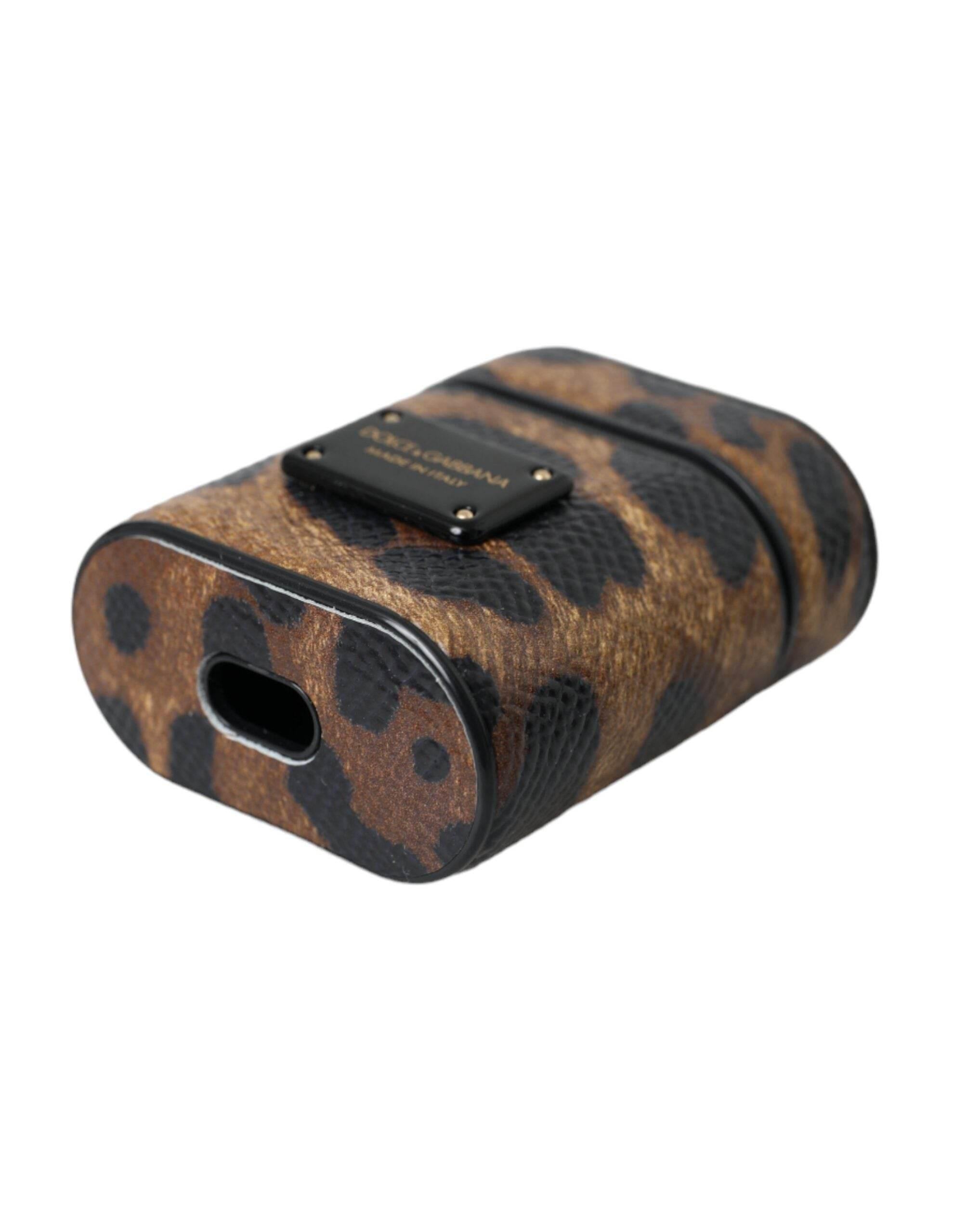 Dolce & Gabbana Brown Leopard Calf Leather Metal Logo Plaque Airpods Case - Hilstor