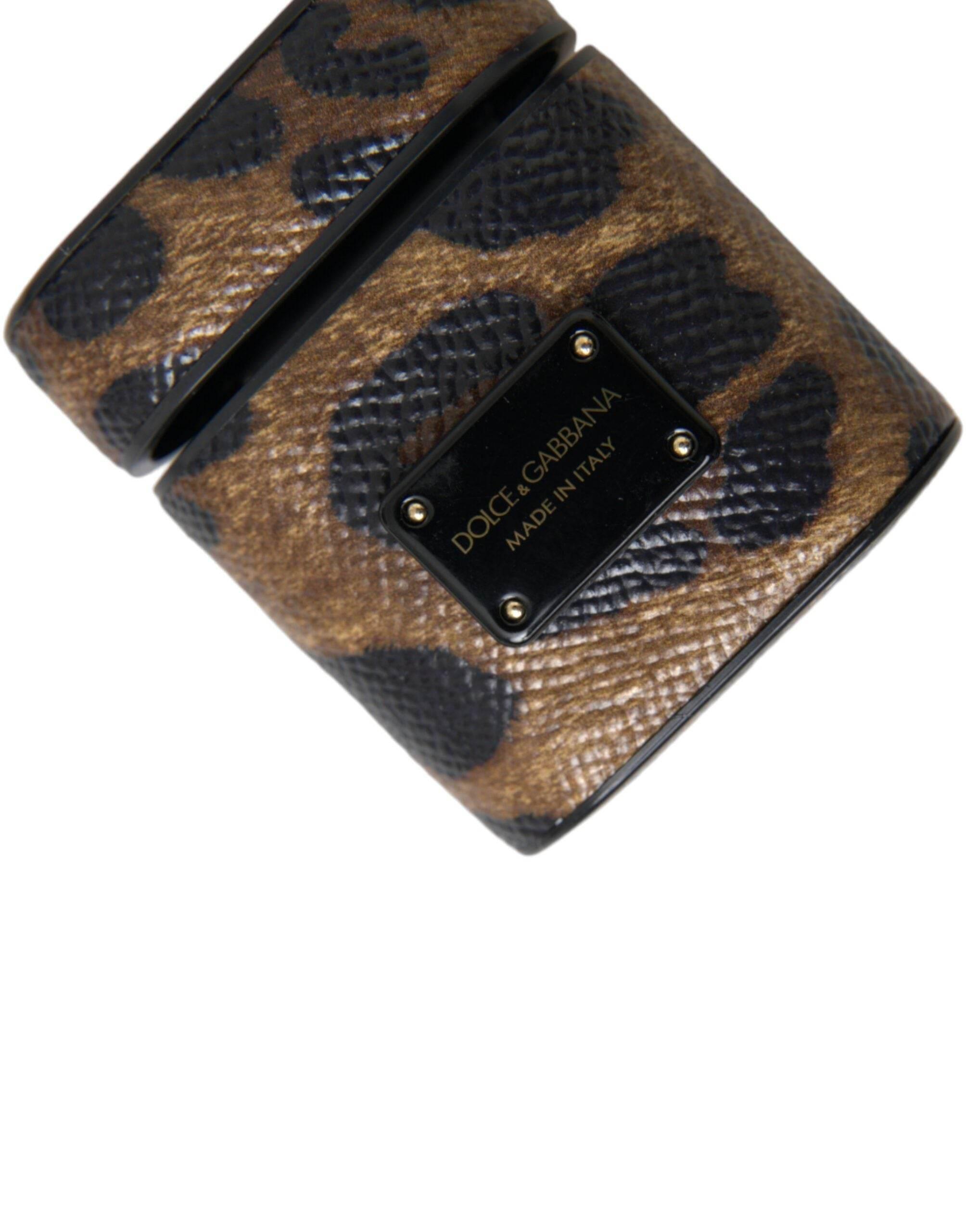 Dolce & Gabbana Brown Leopard Calf Leather Metal Logo Plaque Airpods Case - Hilstor