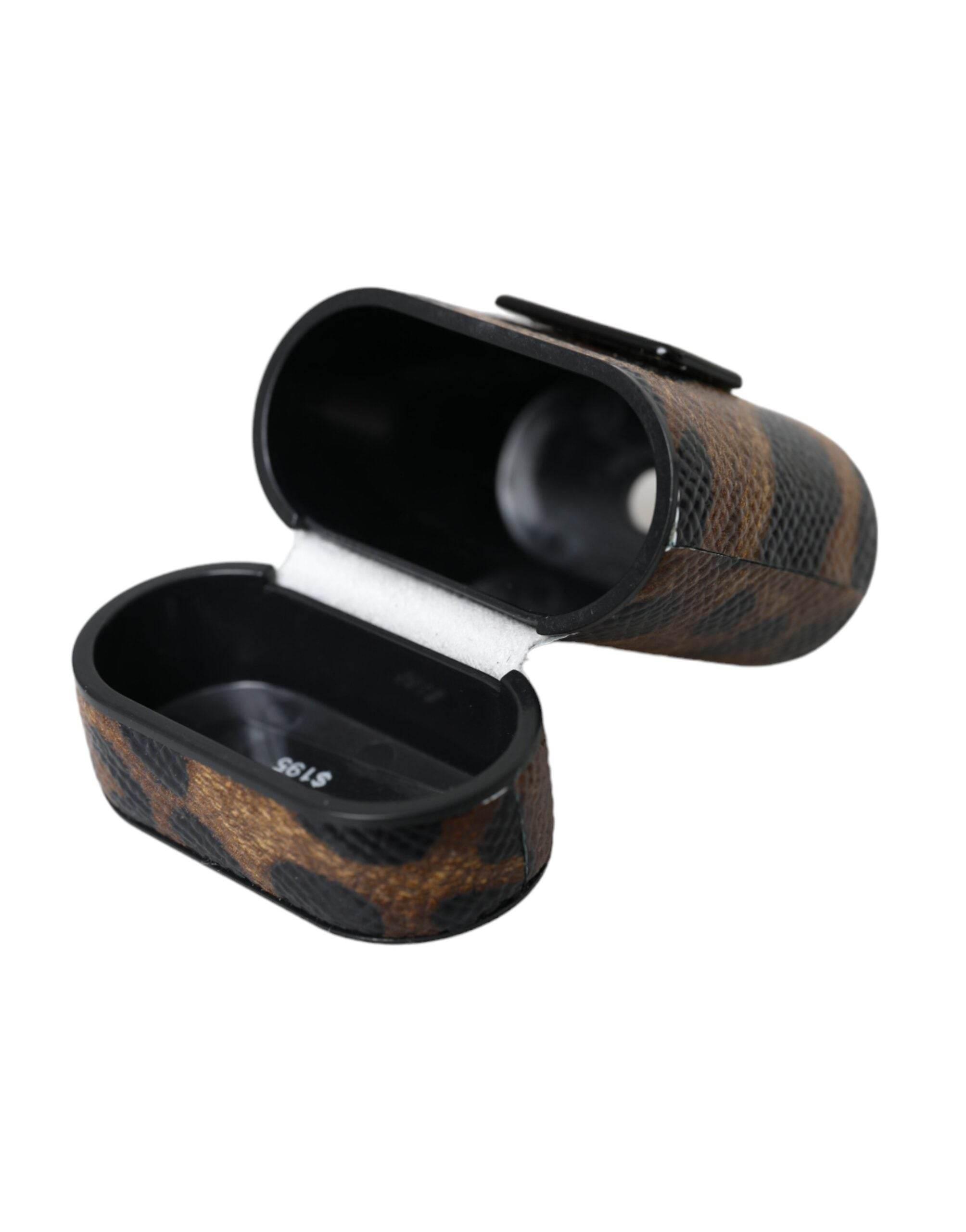 Dolce & Gabbana Brown Leopard Calf Leather Metal Logo Plaque Airpods Case - Hilstor