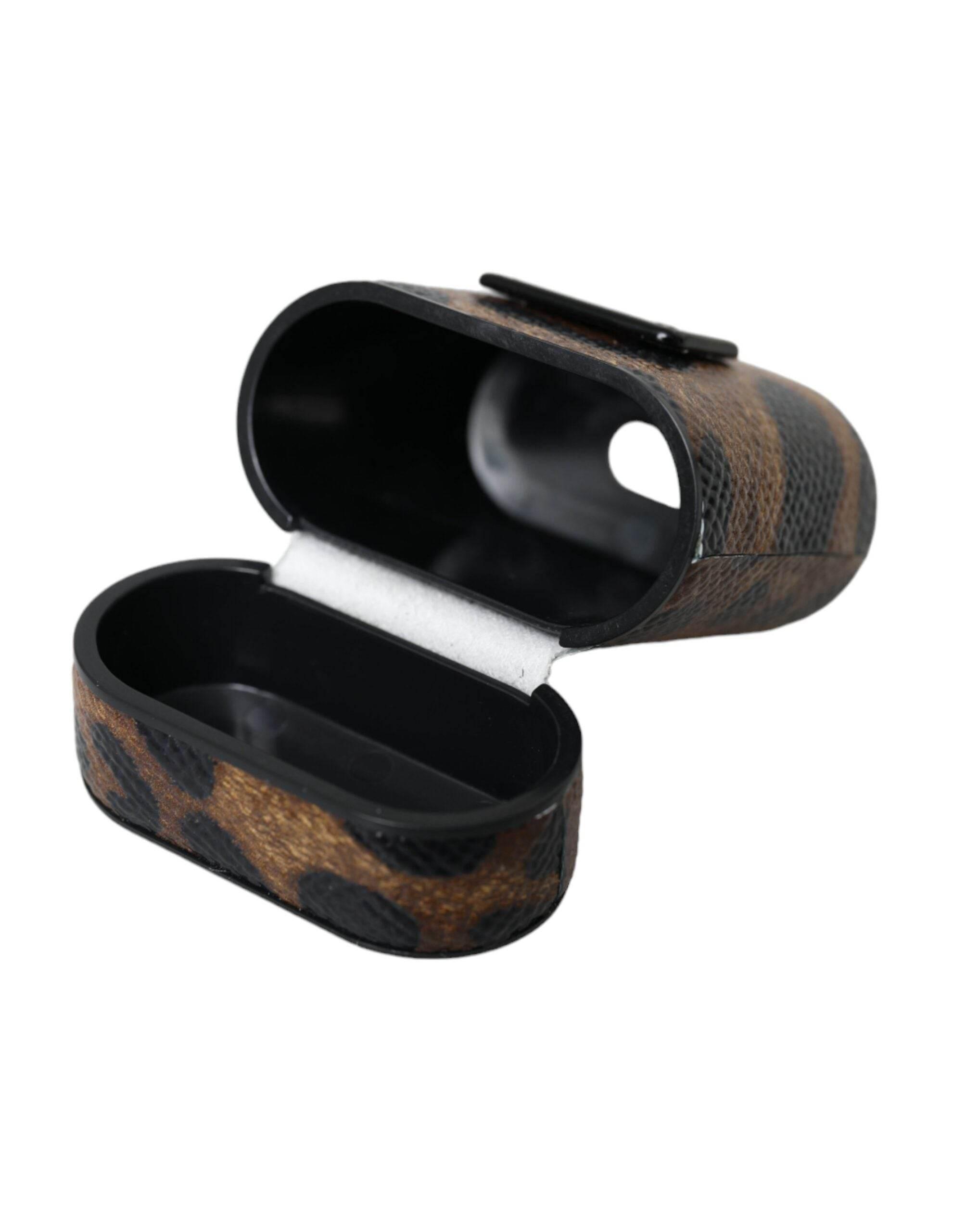 Dolce & Gabbana Brown Leopard Calf Leather Metal Logo Plaque Airpods Case - Hilstor