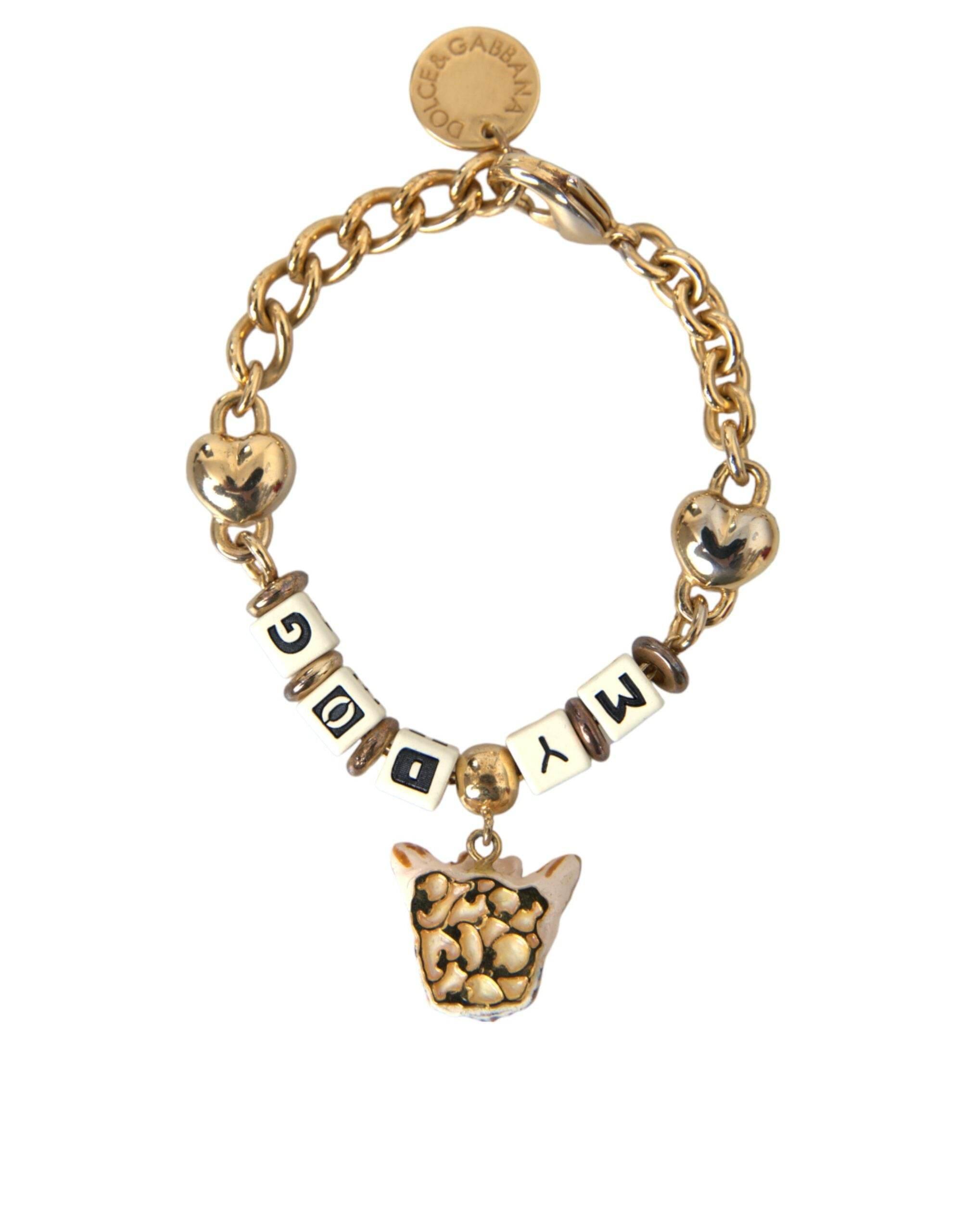 Dolce & Gabbana Gold Tone Brass Chain MY DOG Heart Bracelet - Hilstor
