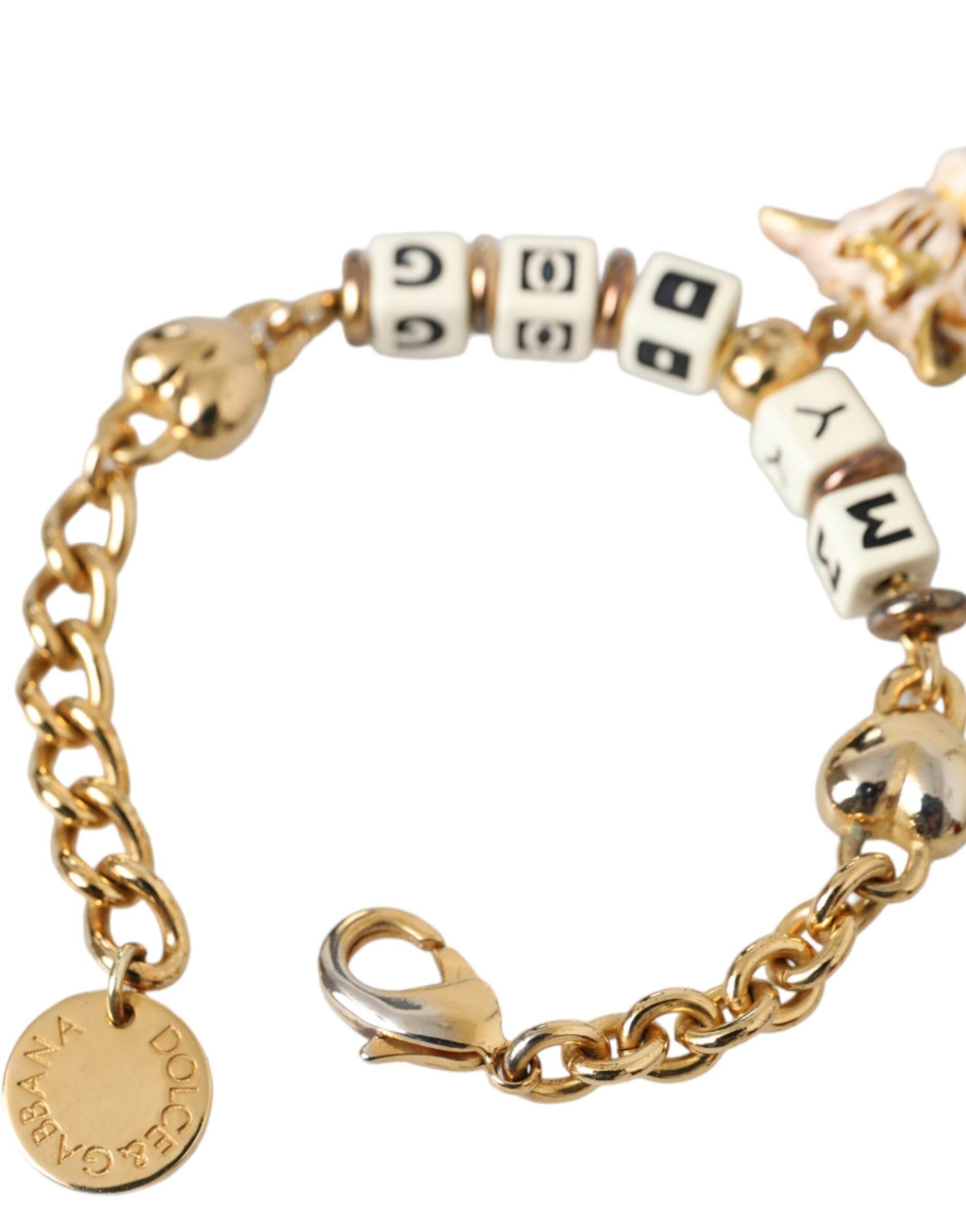 Dolce & Gabbana Gold Tone Brass Chain MY DOG Heart Bracelet - Hilstor