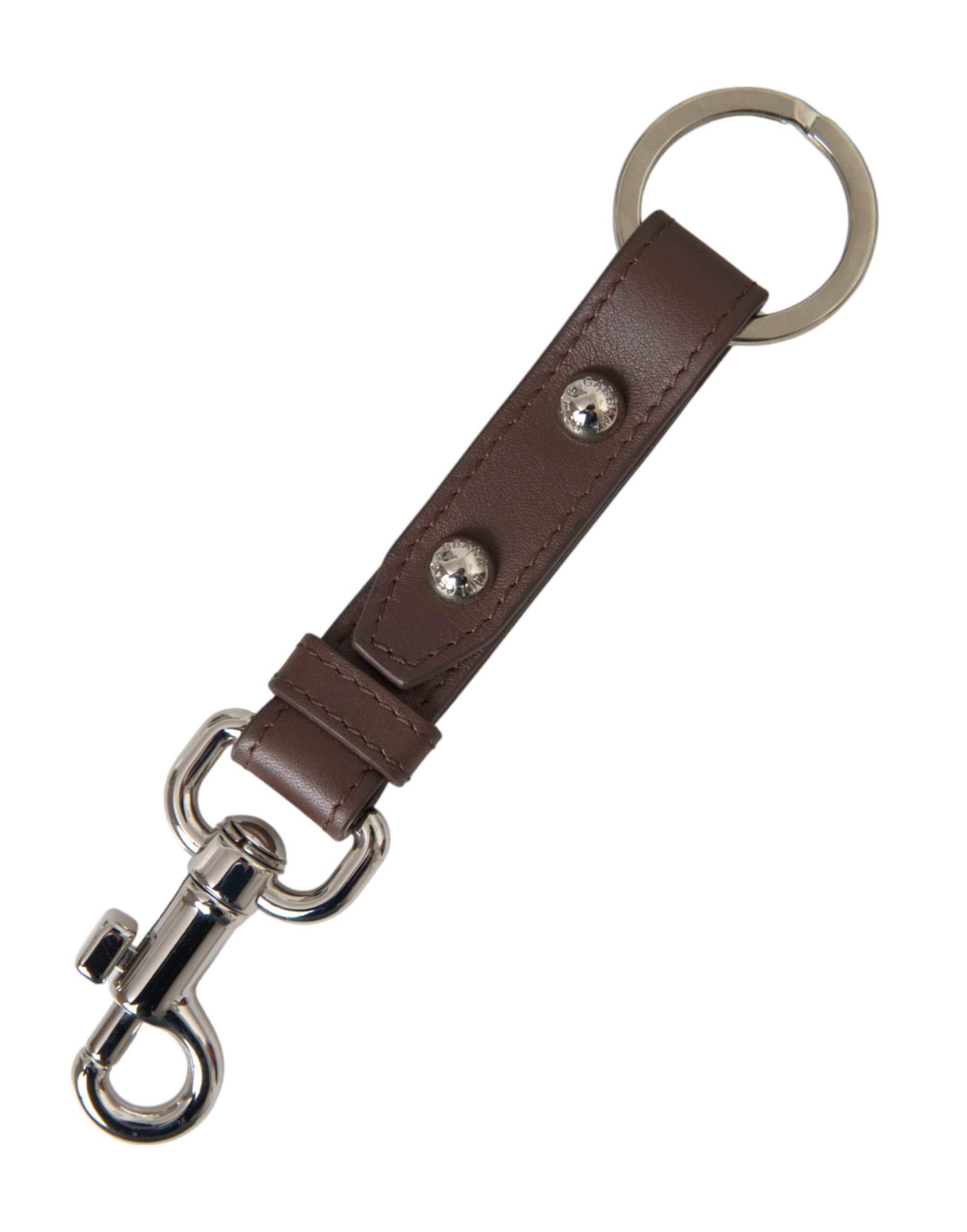 Dolce & Gabbana Brown Plain Leather Silver Brass Keyring Holder Keychain - Hilstor