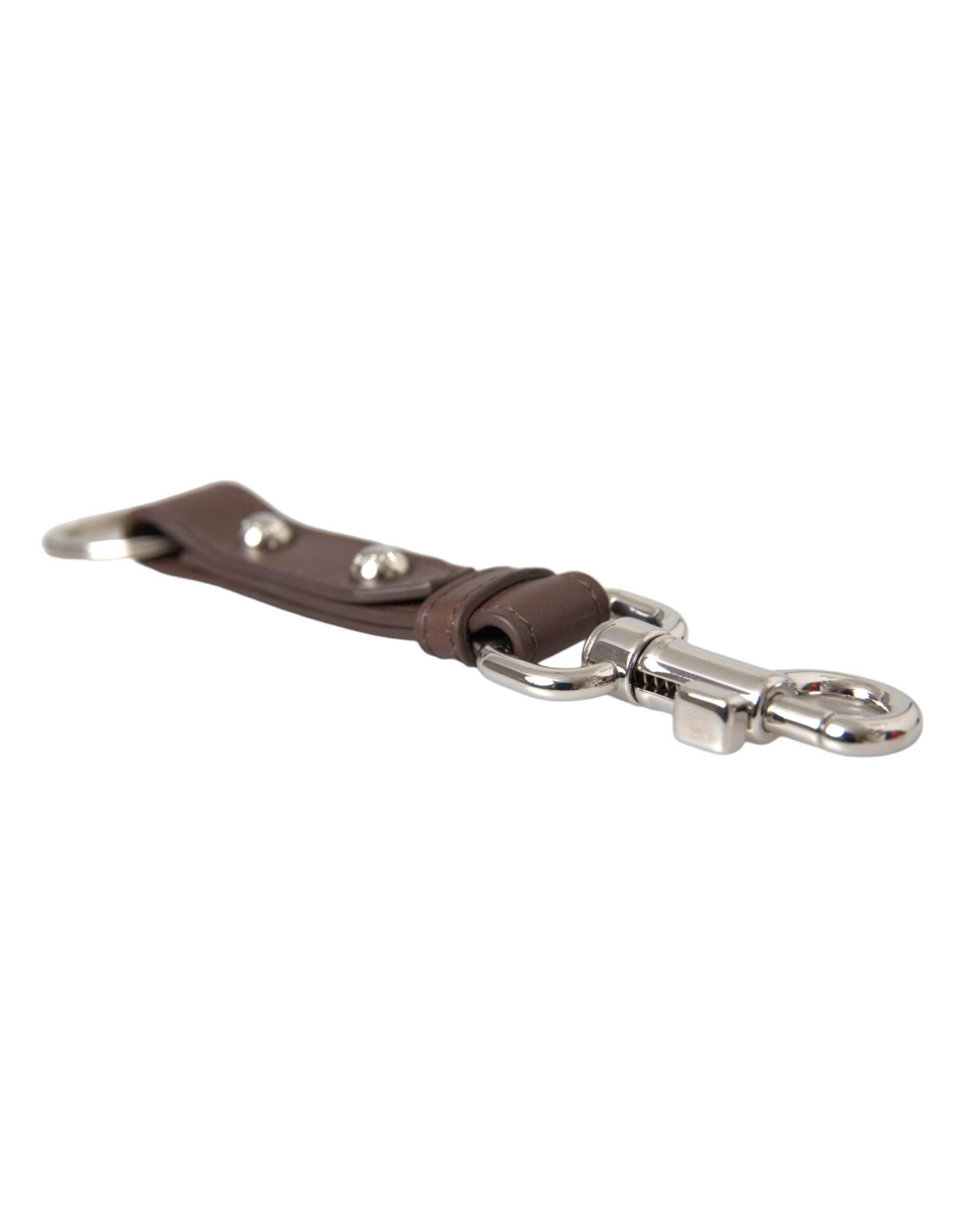 Dolce & Gabbana Brown Plain Leather Silver Brass Keyring Holder Keychain - Hilstor