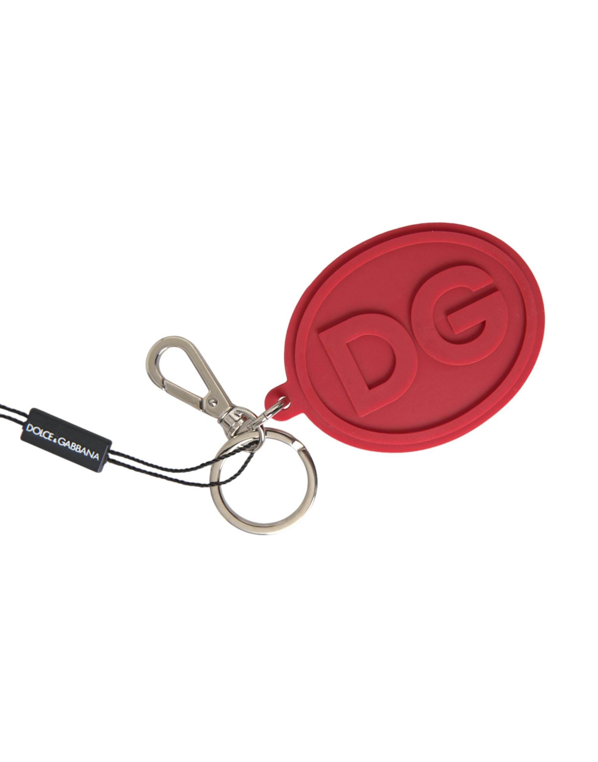 Dolce & Gabbana Red Rubber DG Logo Silver Brass Metal Keyring Keychain - Hilstor