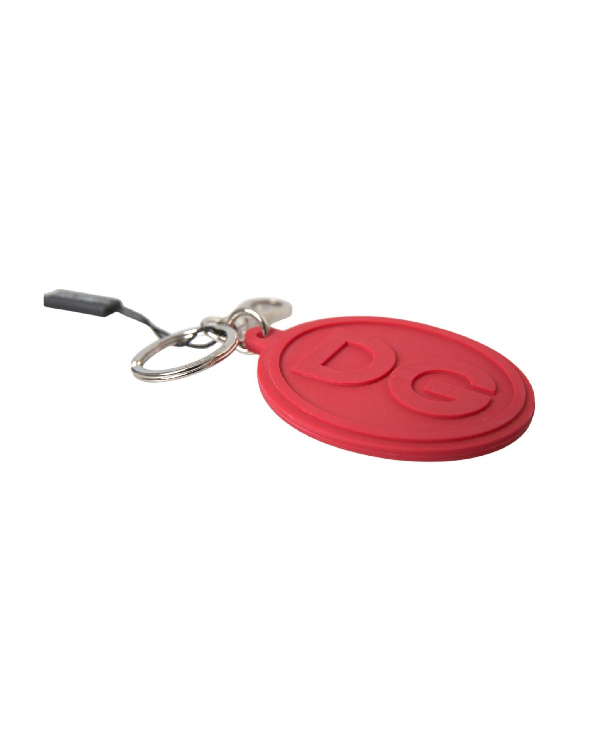 Dolce & Gabbana Red Rubber DG Logo Silver Brass Metal Keyring Keychain - Hilstor
