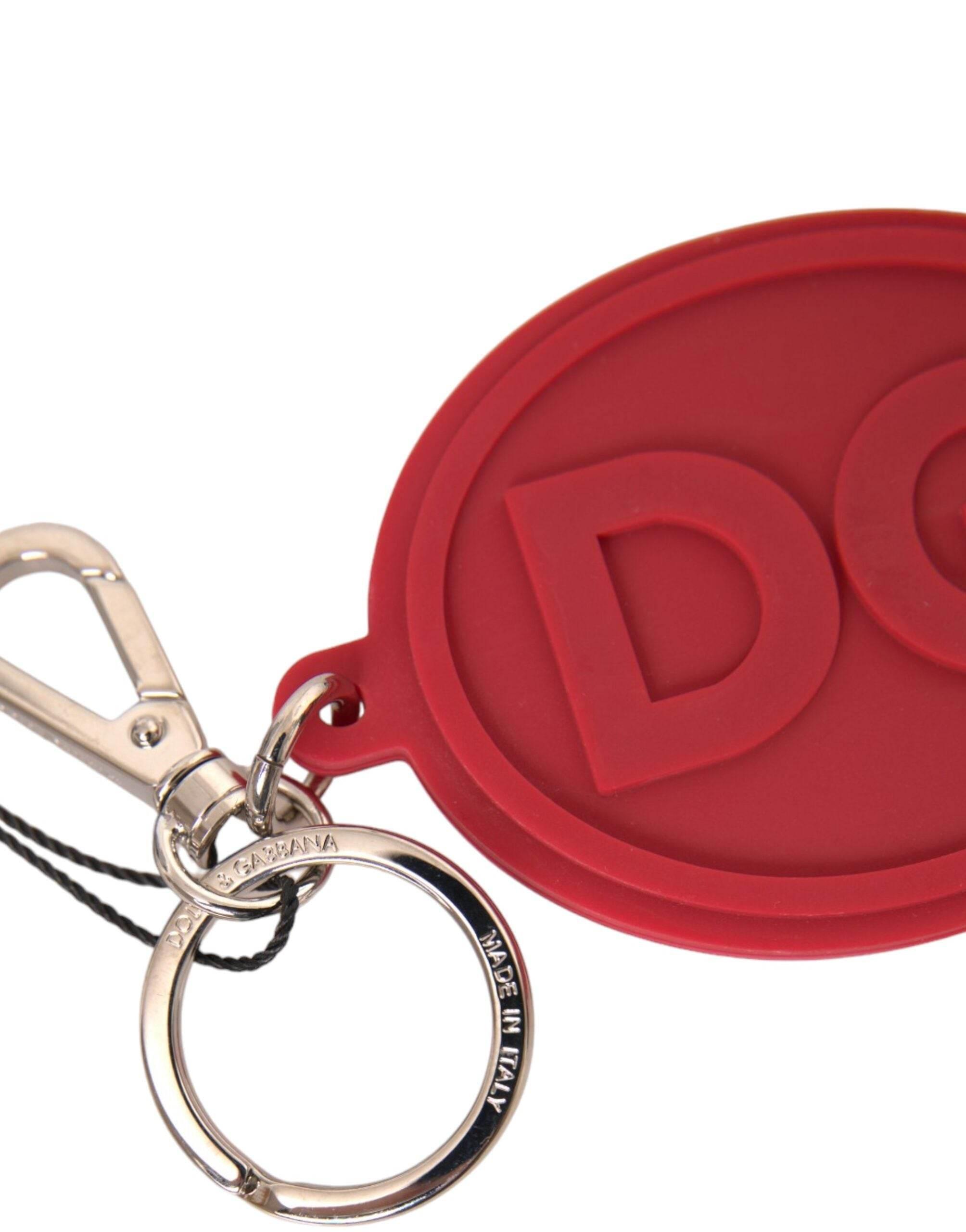 Dolce & Gabbana Red Rubber DG Logo Silver Brass Metal Keyring Keychain - Hilstor