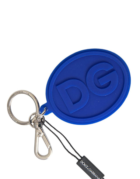 Dolce & Gabbana Blue Rubber DG Logo Silver Brass Metal Keyring Keychain - Hilstor