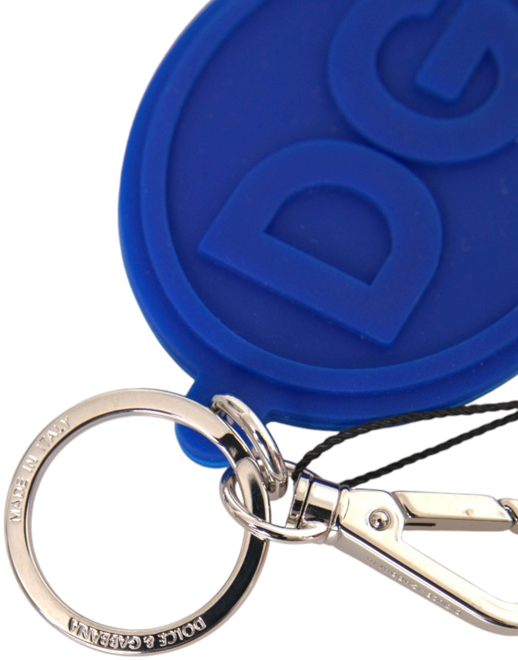 Dolce & Gabbana Blue Rubber DG Logo Silver Brass Metal Keyring Keychain - Hilstor