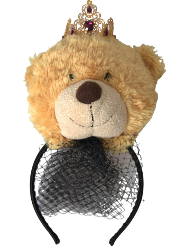 Dolce & Gabbana Brown Teddy Bear Gold Crystal Crown Hair Band Diadem - Hilstor