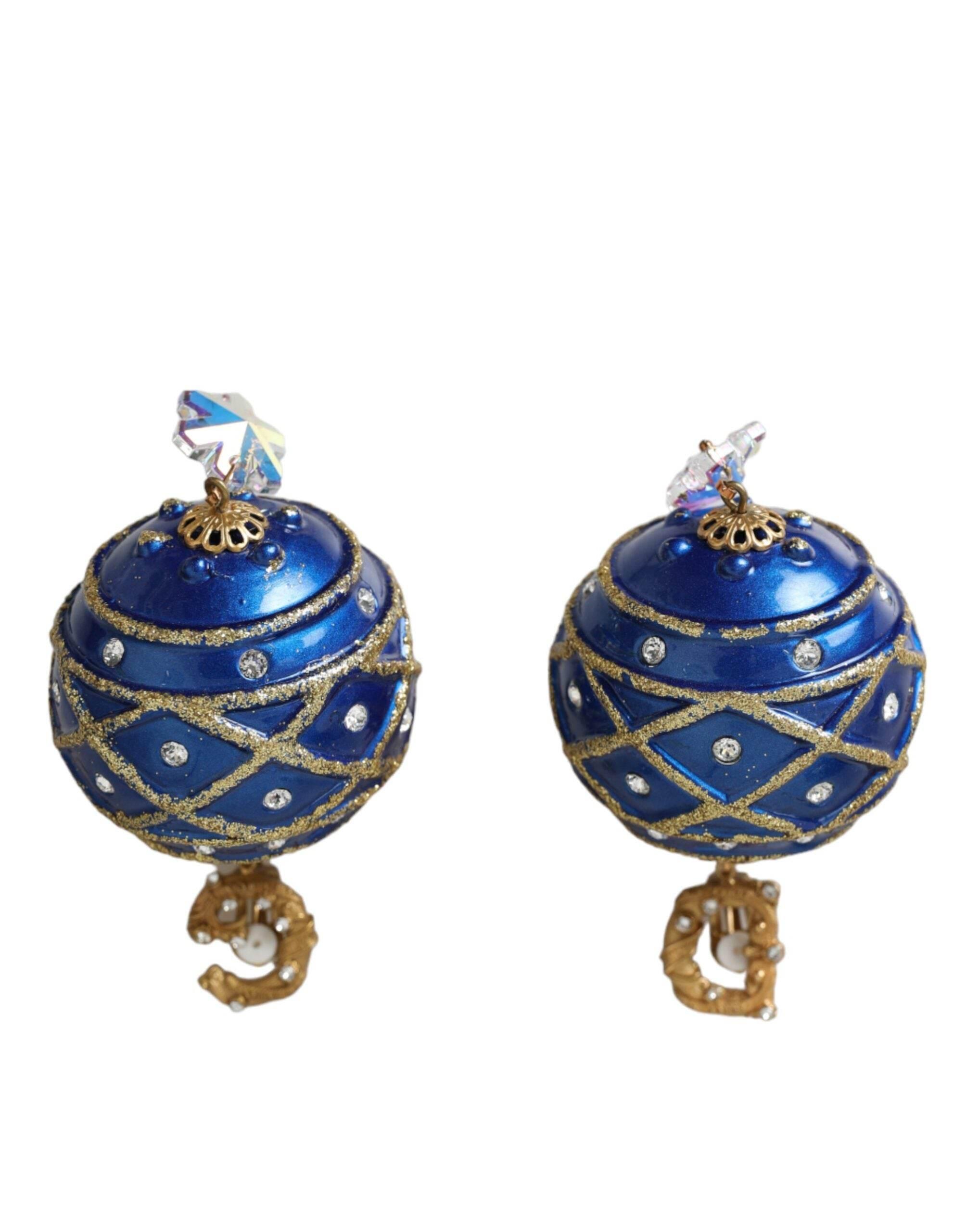 Dolce & Gabbana Gold Brass Blue Dangle Christmas Ball Crystal Clip On Earrings - Hilstor