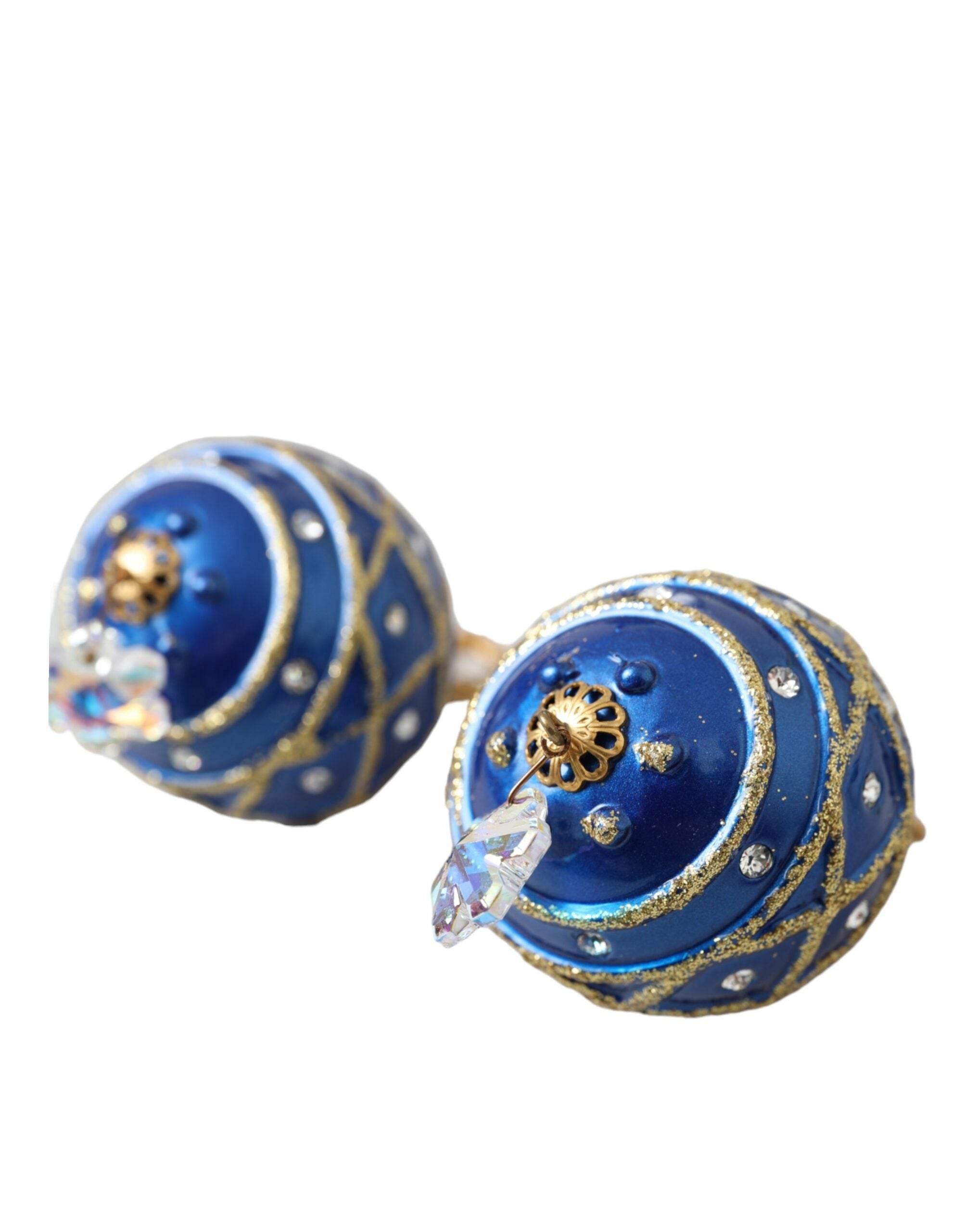 Dolce & Gabbana Gold Brass Blue Dangle Christmas Ball Crystal Clip On Earrings - Hilstor