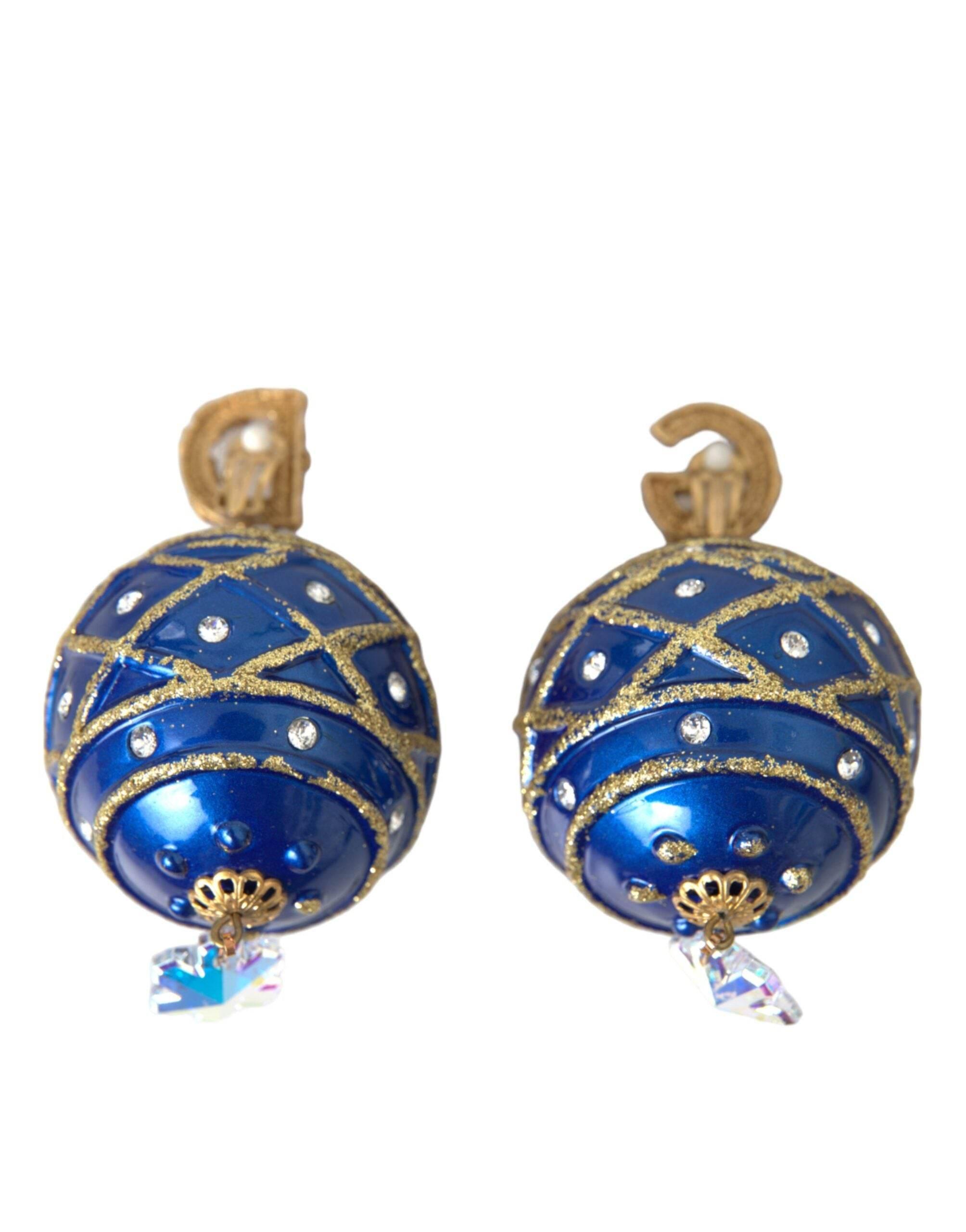 Dolce & Gabbana Gold Brass Blue Dangle Christmas Ball Crystal Clip On Earrings - Hilstor