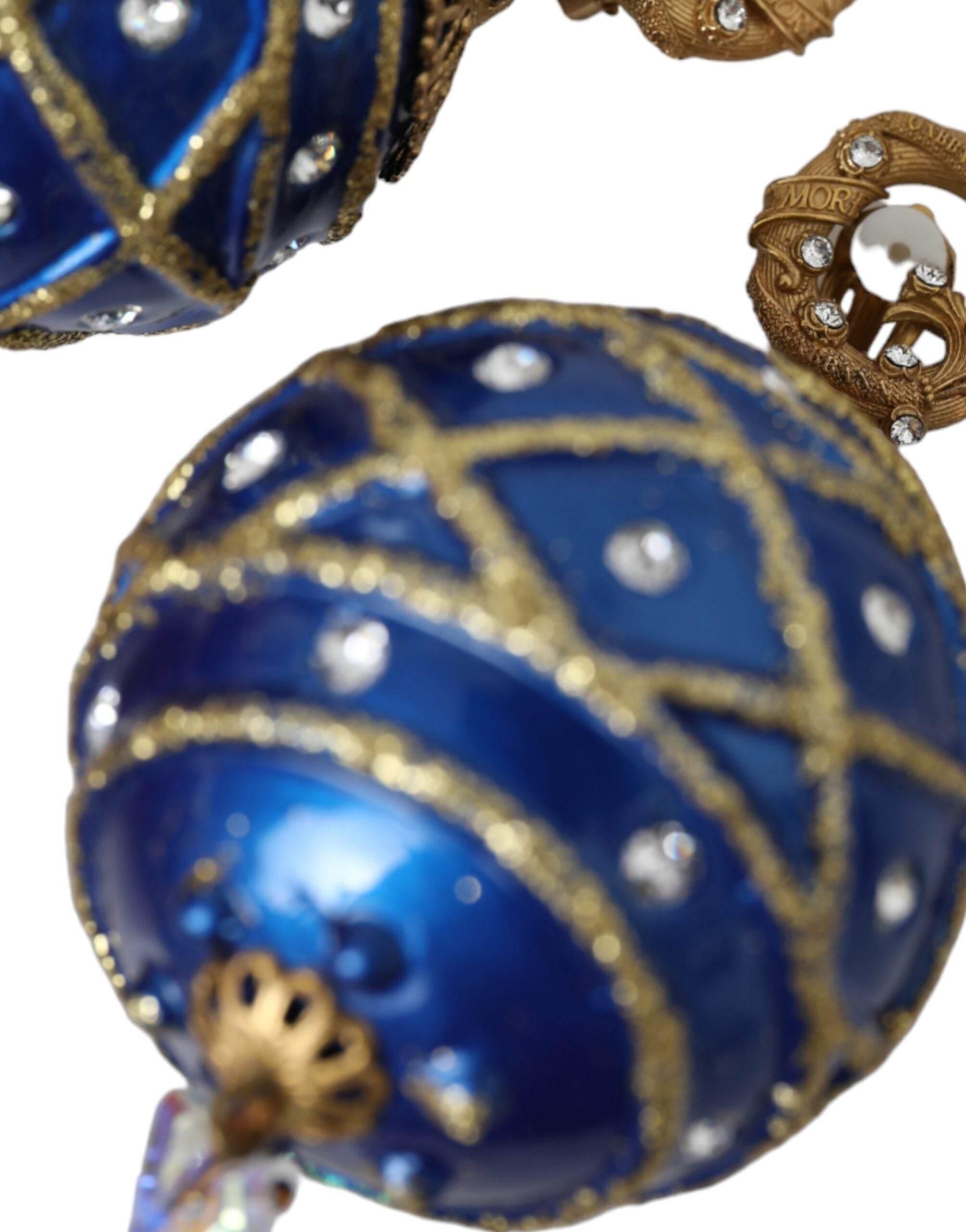 Dolce & Gabbana Gold Brass Blue Dangle Christmas Ball Crystal Clip On Earrings - Hilstor