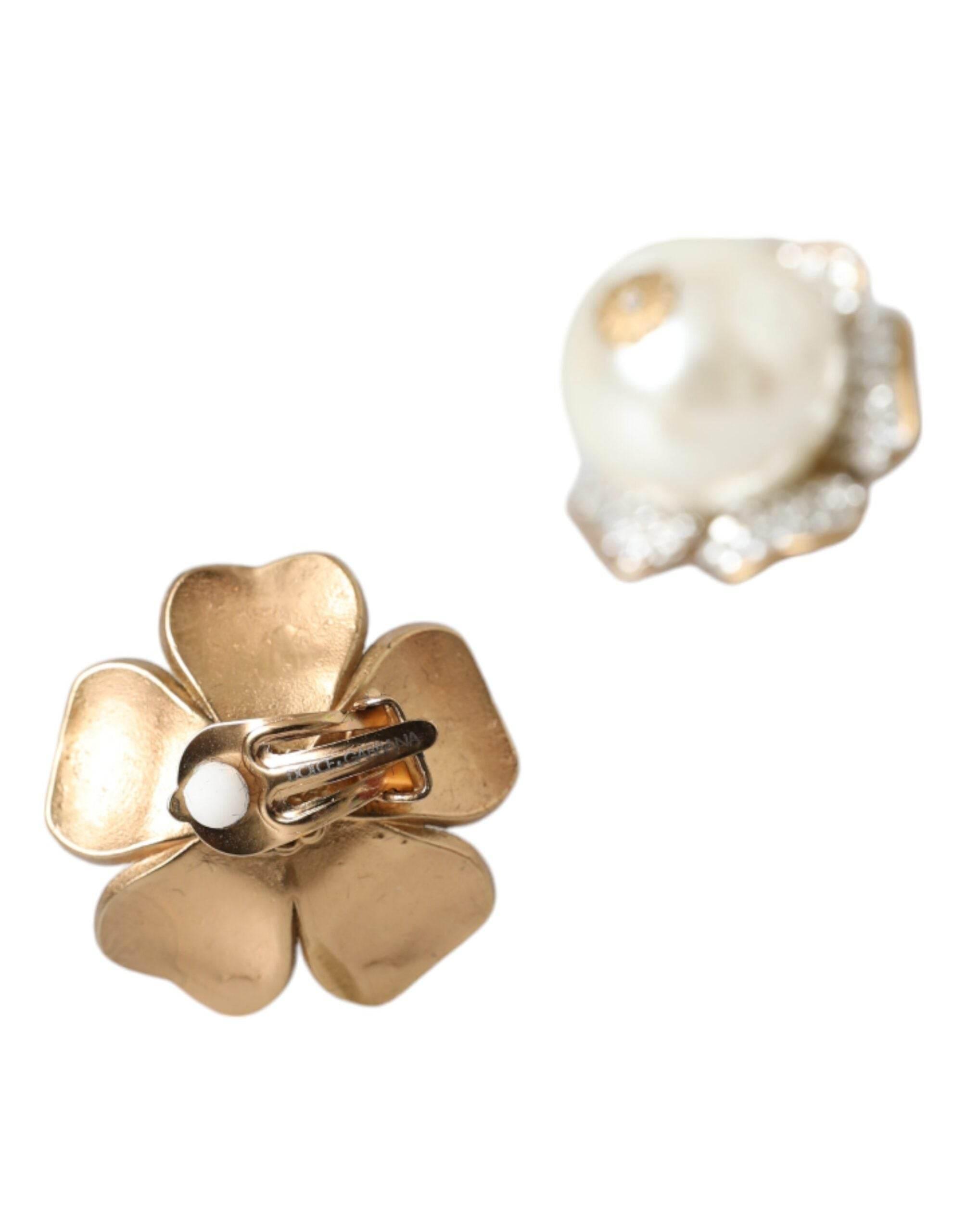 Dolce & Gabbana Gold Tone Maxi Faux Pearl Floral Clip-on Jewelry Earrings - Hilstor