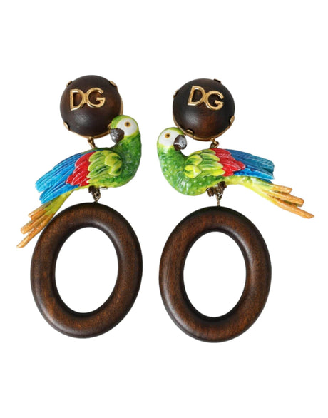 Dolce & Gabbana Multicolor Parrot Wood Brass Crystal Embellished Earring - Hilstor