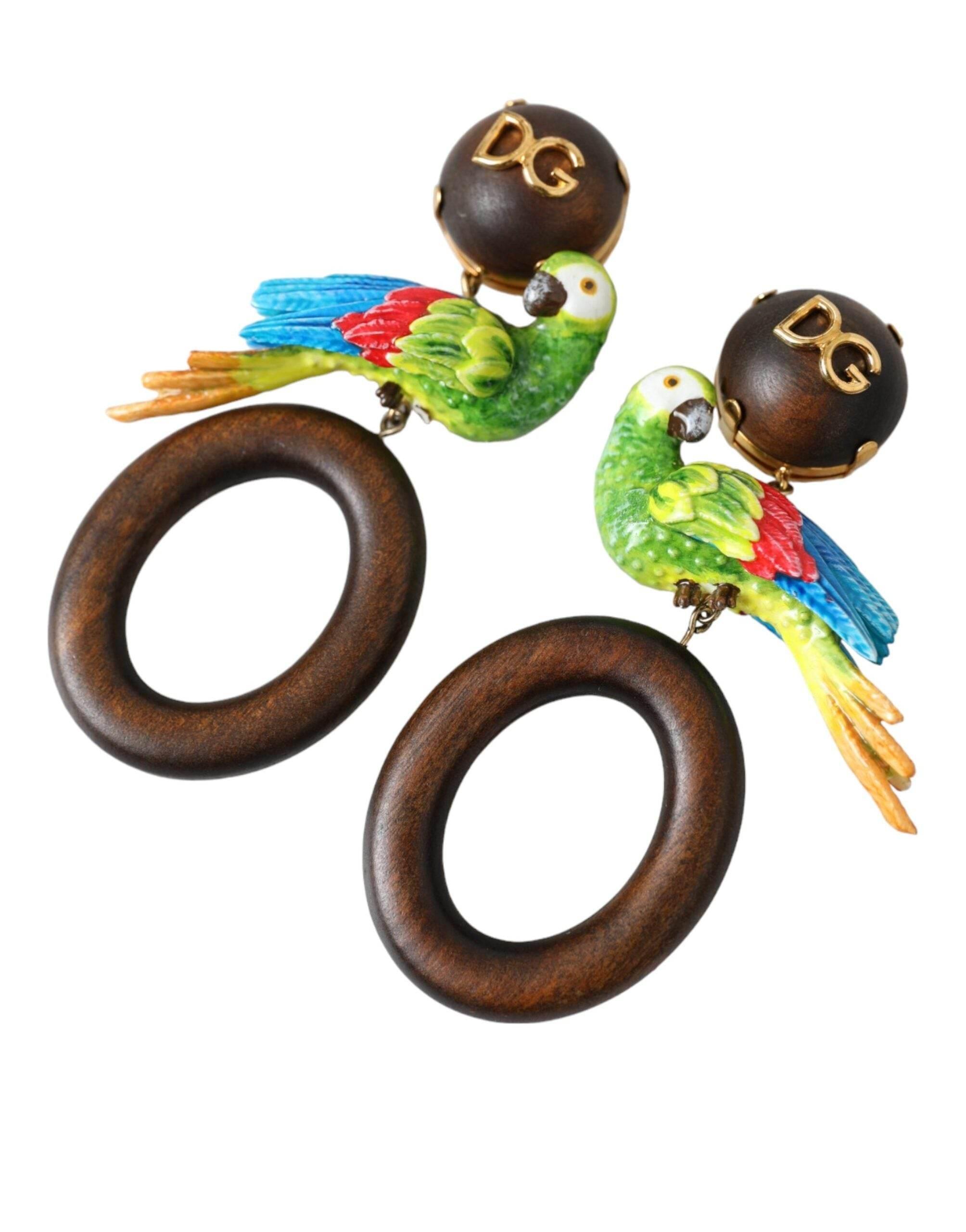 Dolce & Gabbana Multicolor Parrot Wood Brass Crystal Embellished Earring - Hilstor