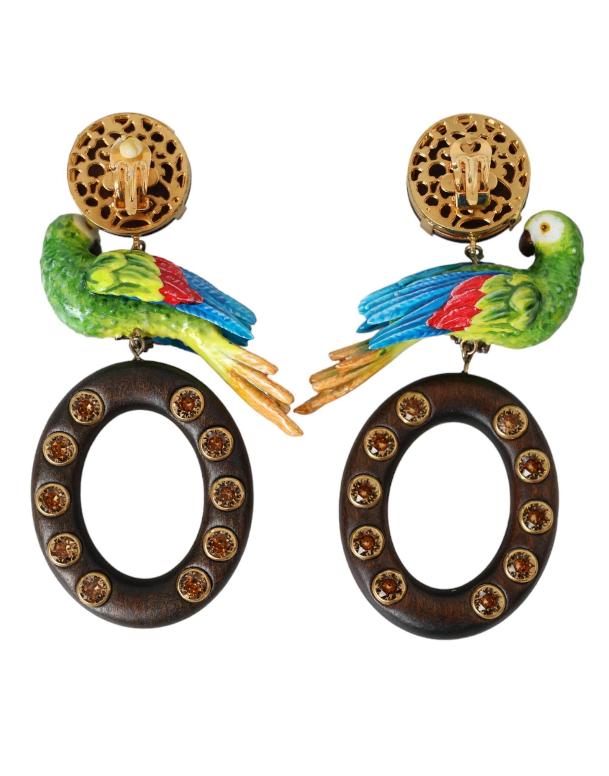 Dolce & Gabbana Multicolor Parrot Wood Brass Crystal Embellished Earring - Hilstor