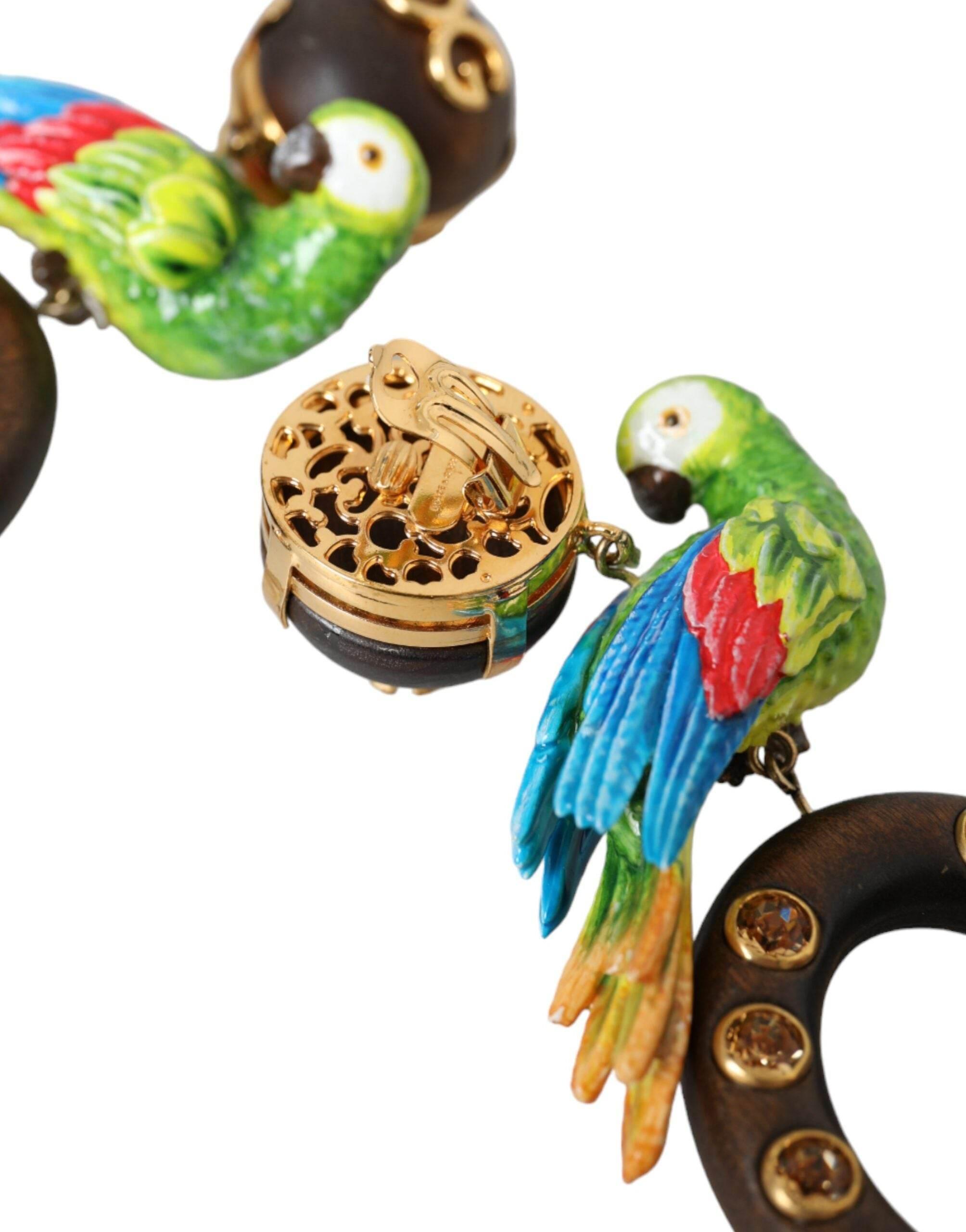 Dolce & Gabbana Multicolor Parrot Wood Brass Crystal Embellished Earring - Hilstor