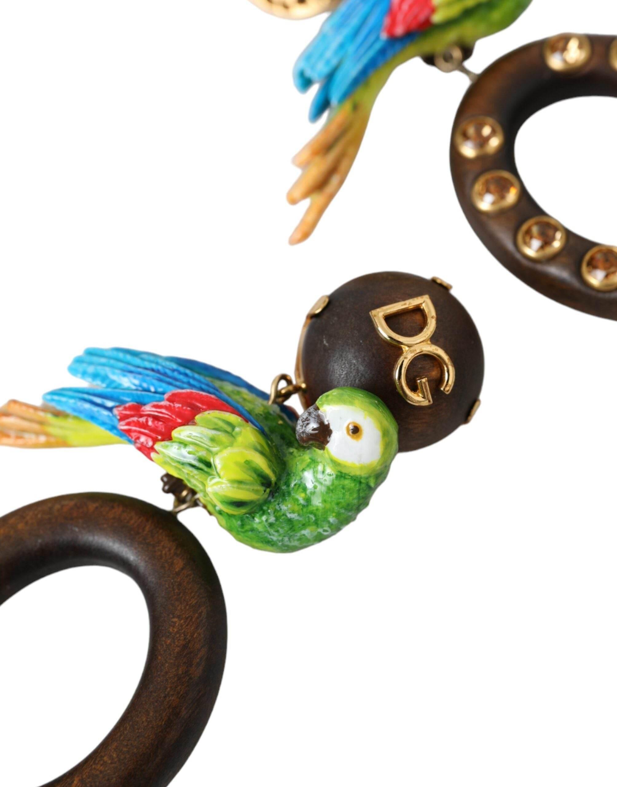 Dolce & Gabbana Multicolor Parrot Wood Brass Crystal Embellished Earring - Hilstor