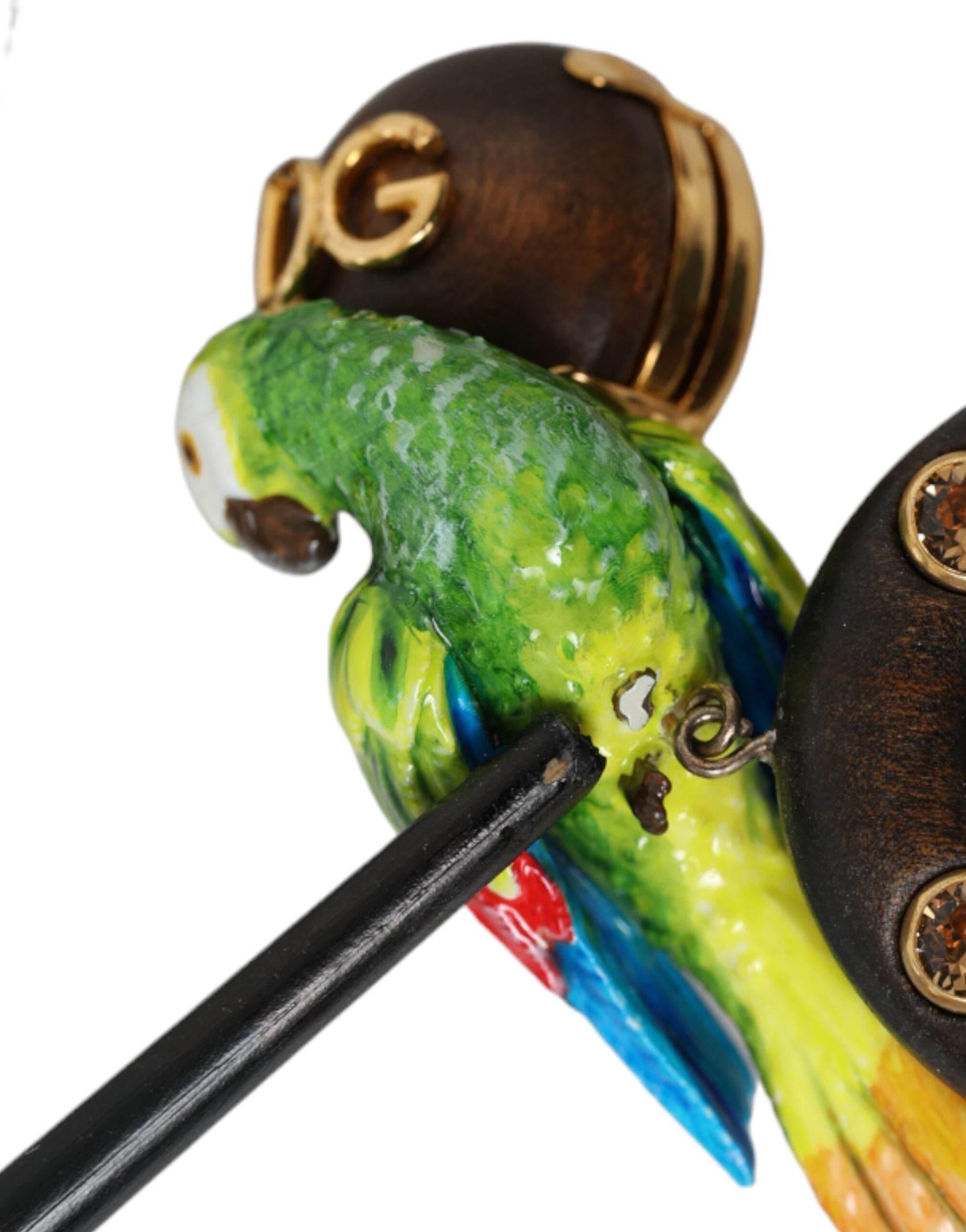 Dolce & Gabbana Multicolor Parrot Wood Brass Crystal Embellished Earring - Hilstor