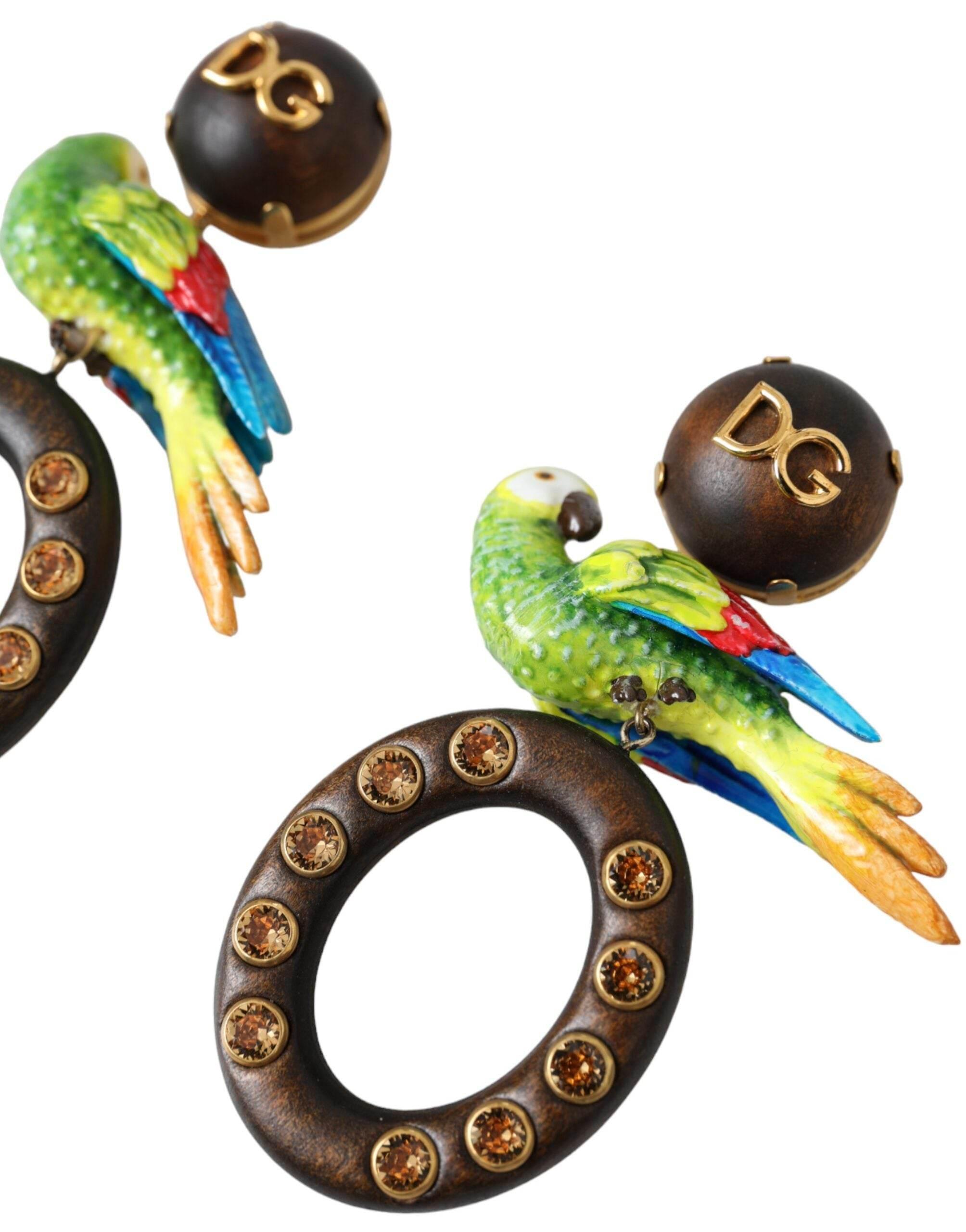 Dolce & Gabbana Multicolor Parrot Wood Brass Crystal Embellished Earrings - Hilstor