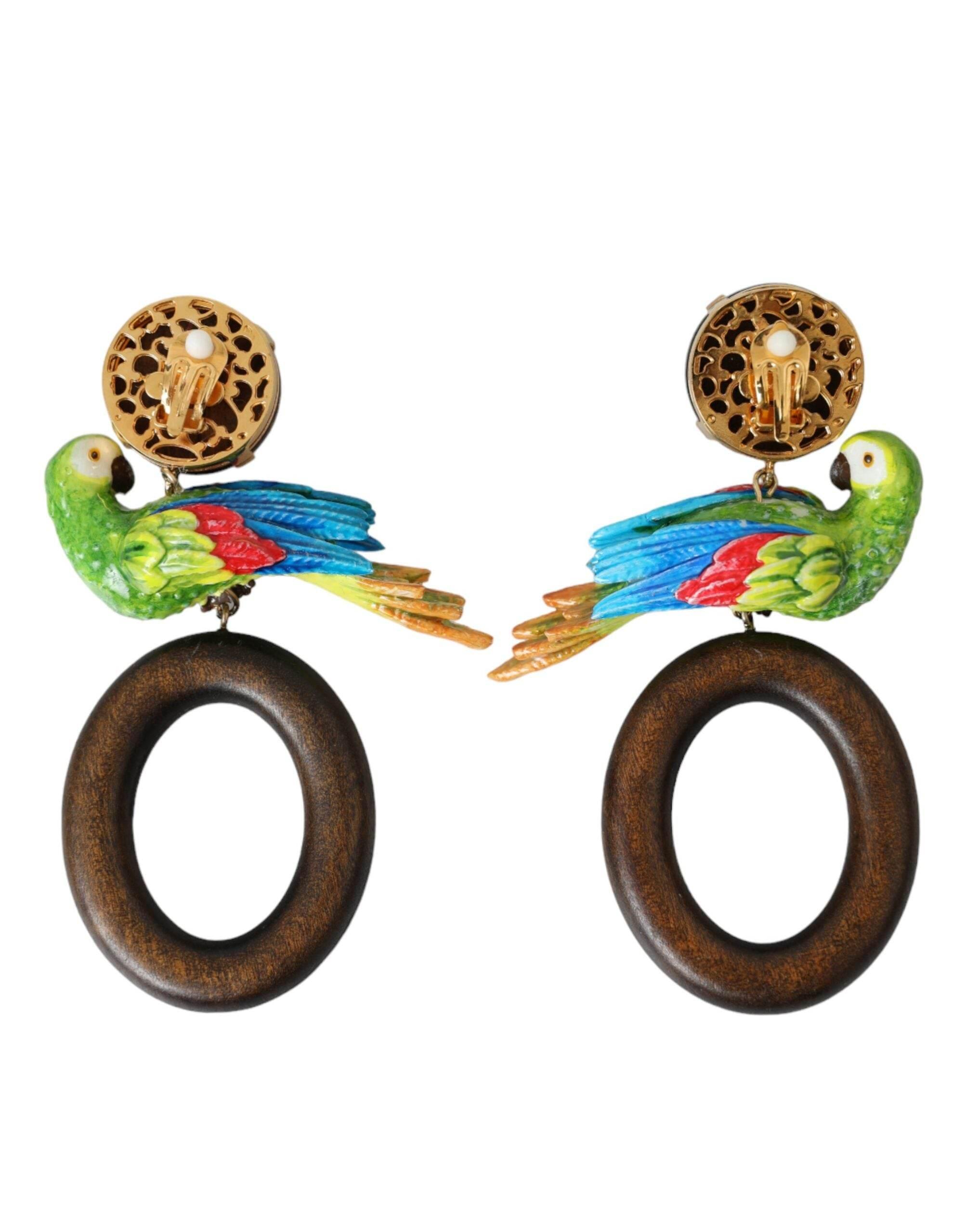Dolce & Gabbana Multicolor Parrot Wood Brass Crystal Embellished Earrings - Hilstor