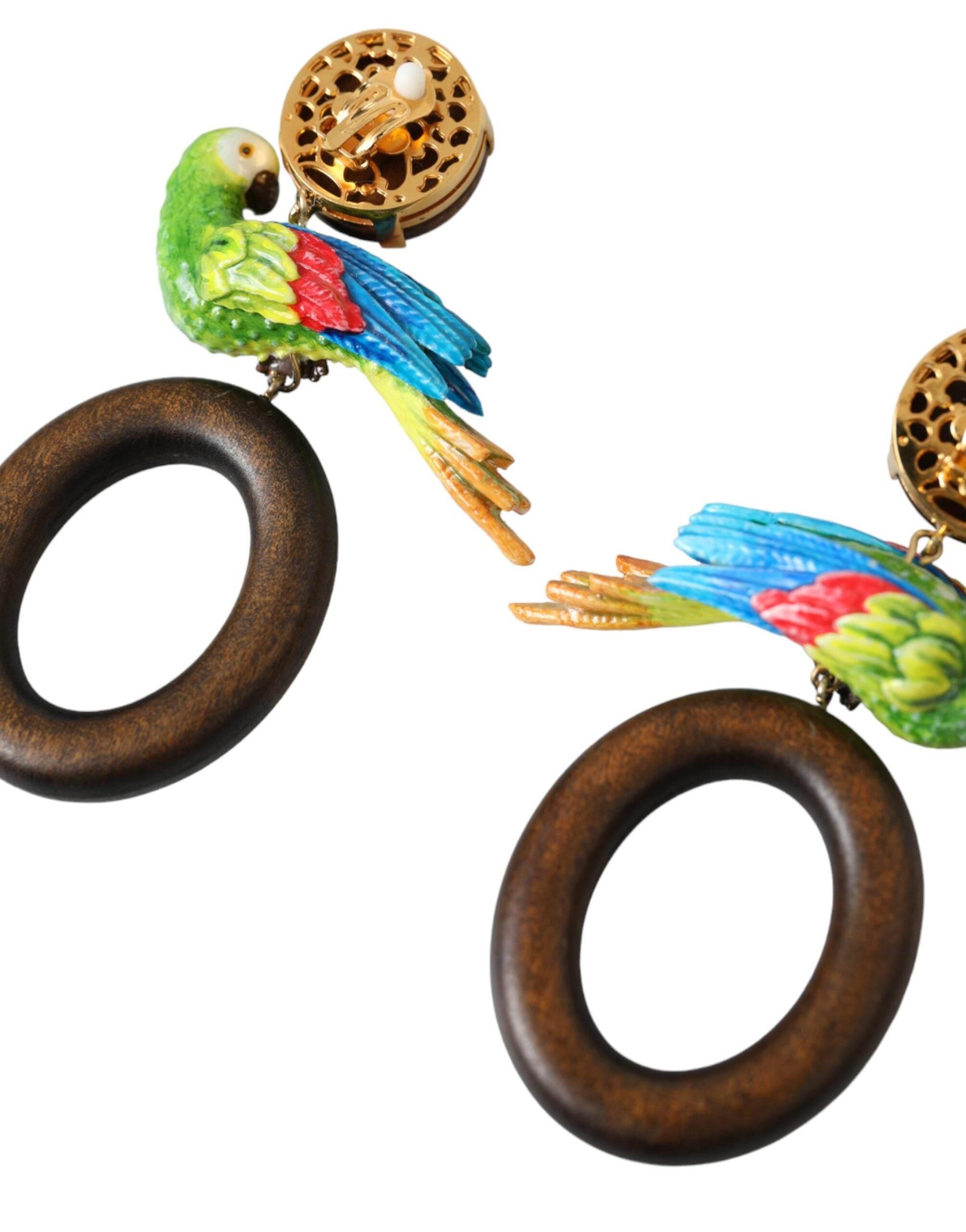 Dolce & Gabbana Multicolor Parrot Wood Brass Crystal Embellished Earrings - Hilstor