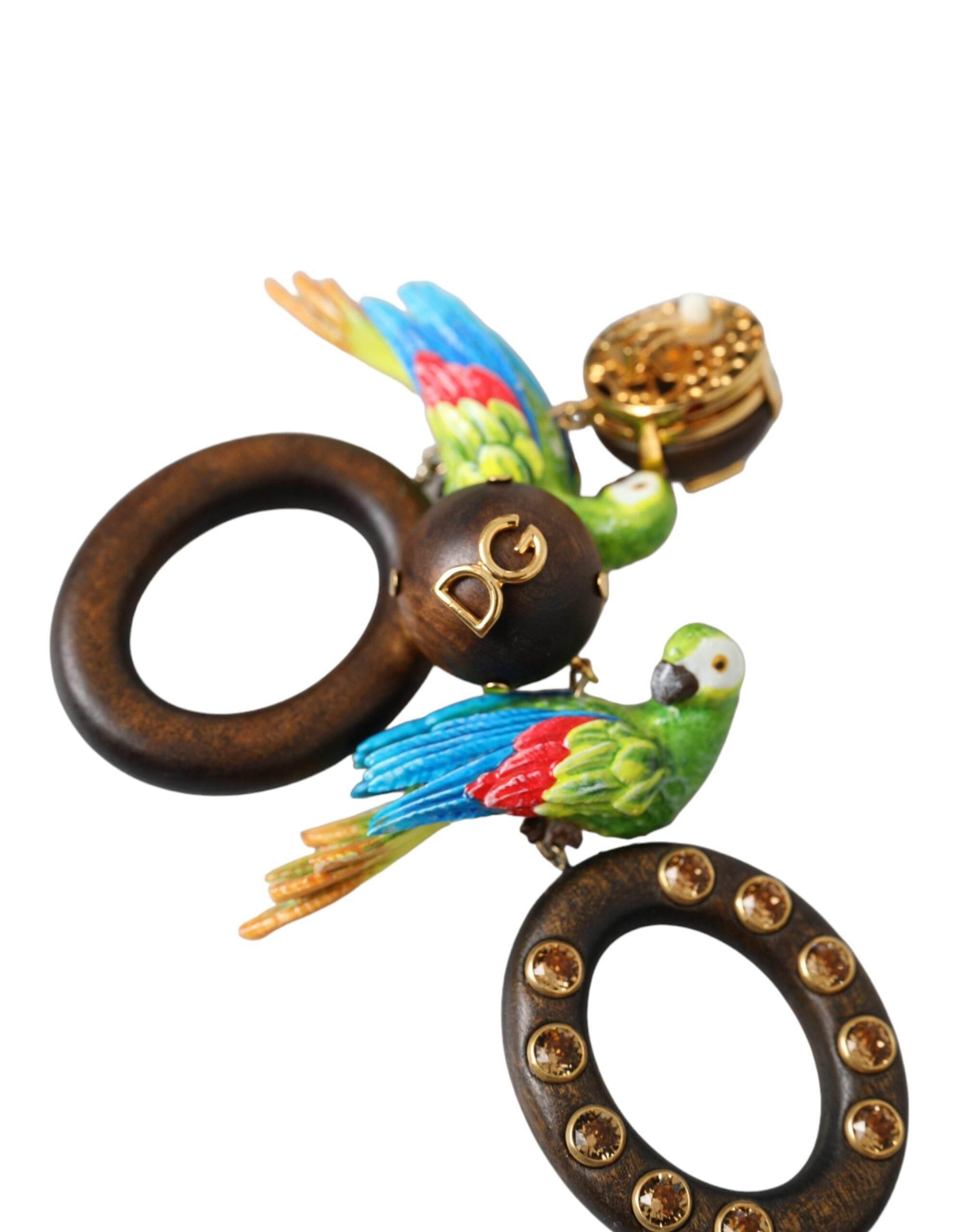Dolce & Gabbana Multicolor Parrot Wood Brass Crystal Embellished Earrings - Hilstor