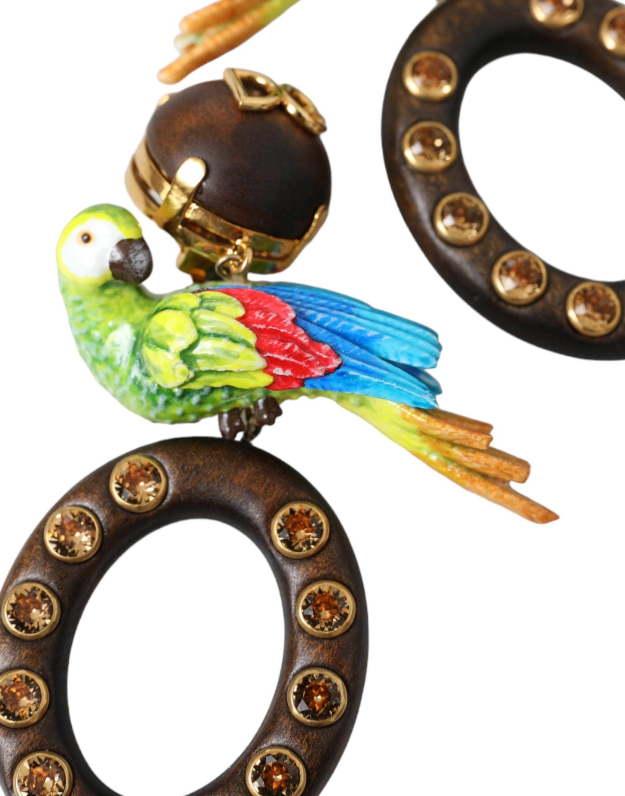 Dolce & Gabbana Multicolor Parrot Wood Brass Crystal Embellished Earrings - Hilstor